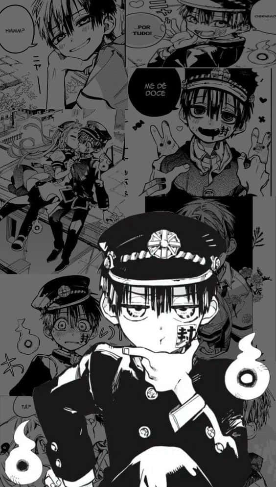 花子君 桌布 壁紙 — 黑白漫畫拼貼畫，中央角色身穿警察制服，周圍是表情豐富的動畫面板。