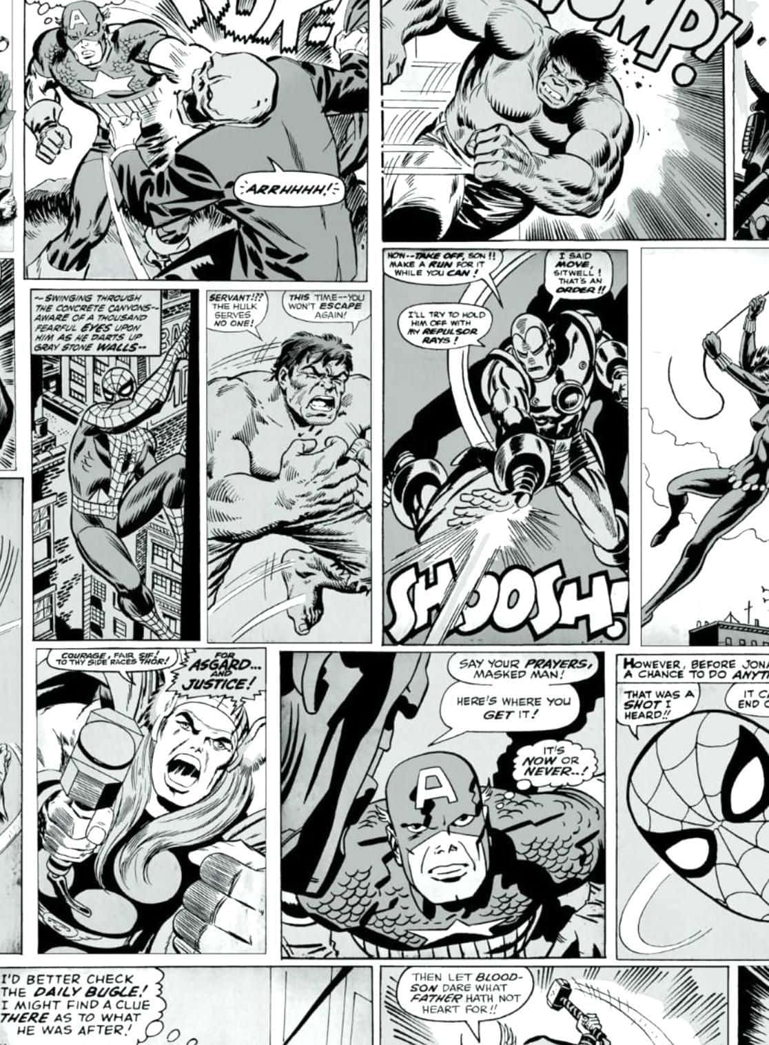 Black And White Comic 桌布 壁紙 — 黑白漫畫書面板描繪了像浩克、索爾和蜘蛛俠這樣的超級英雄，在動態的動作場景中帶有強烈的音效和戲劇性的表情。