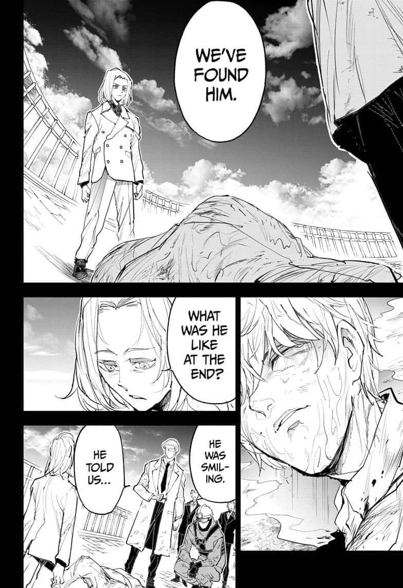 The Promised Neverland Peter Ratri 桌布 壁紙 — 黑白漫畫格，顯示角色發現屍體，並有對話談及微笑的最後一刻。
