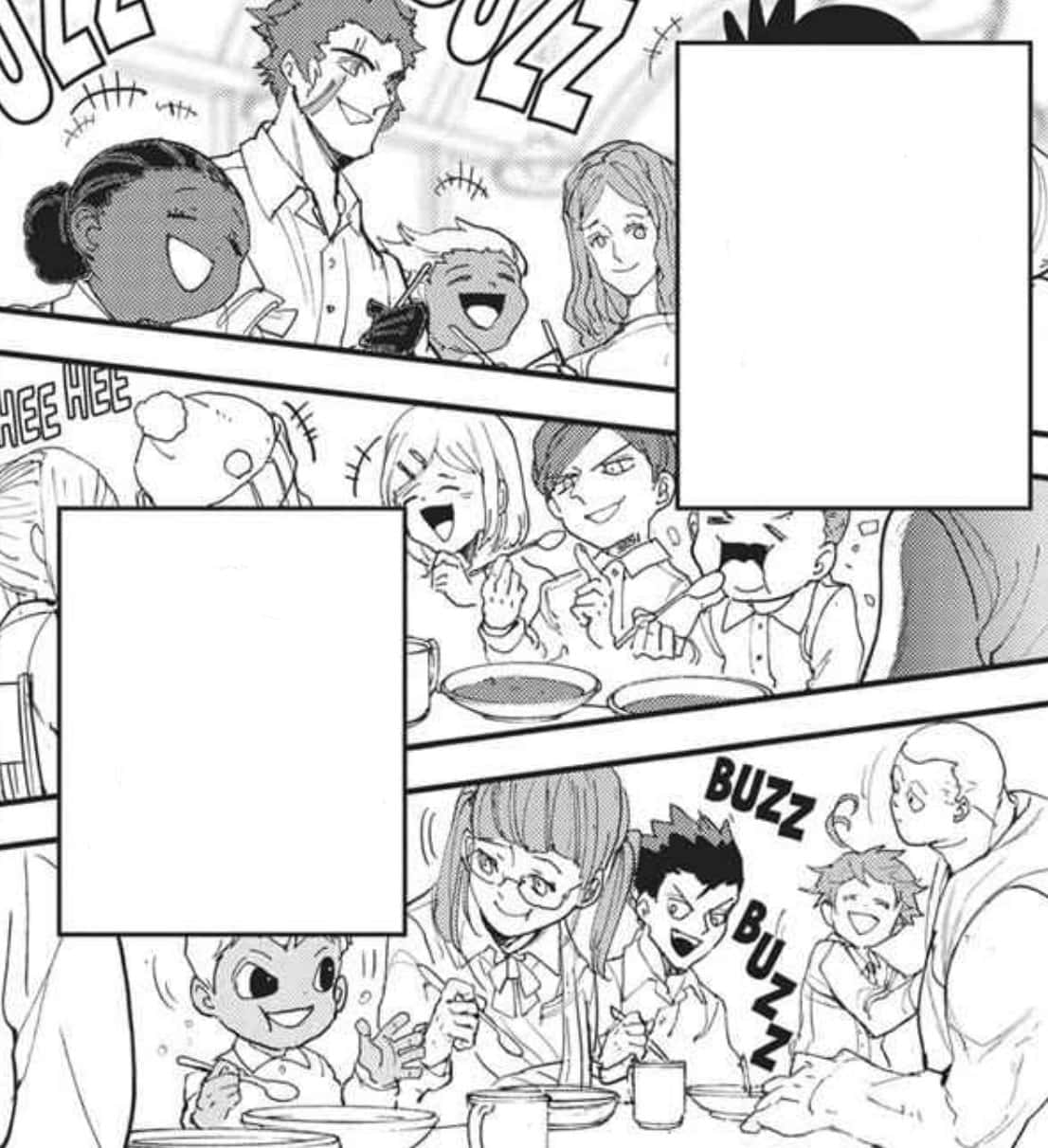 The Promised Neverland Lucas 桌布 壁紙 — 黑白漫畫格展示快樂的角色在熱鬧的餐桌上一起大笑和進食。