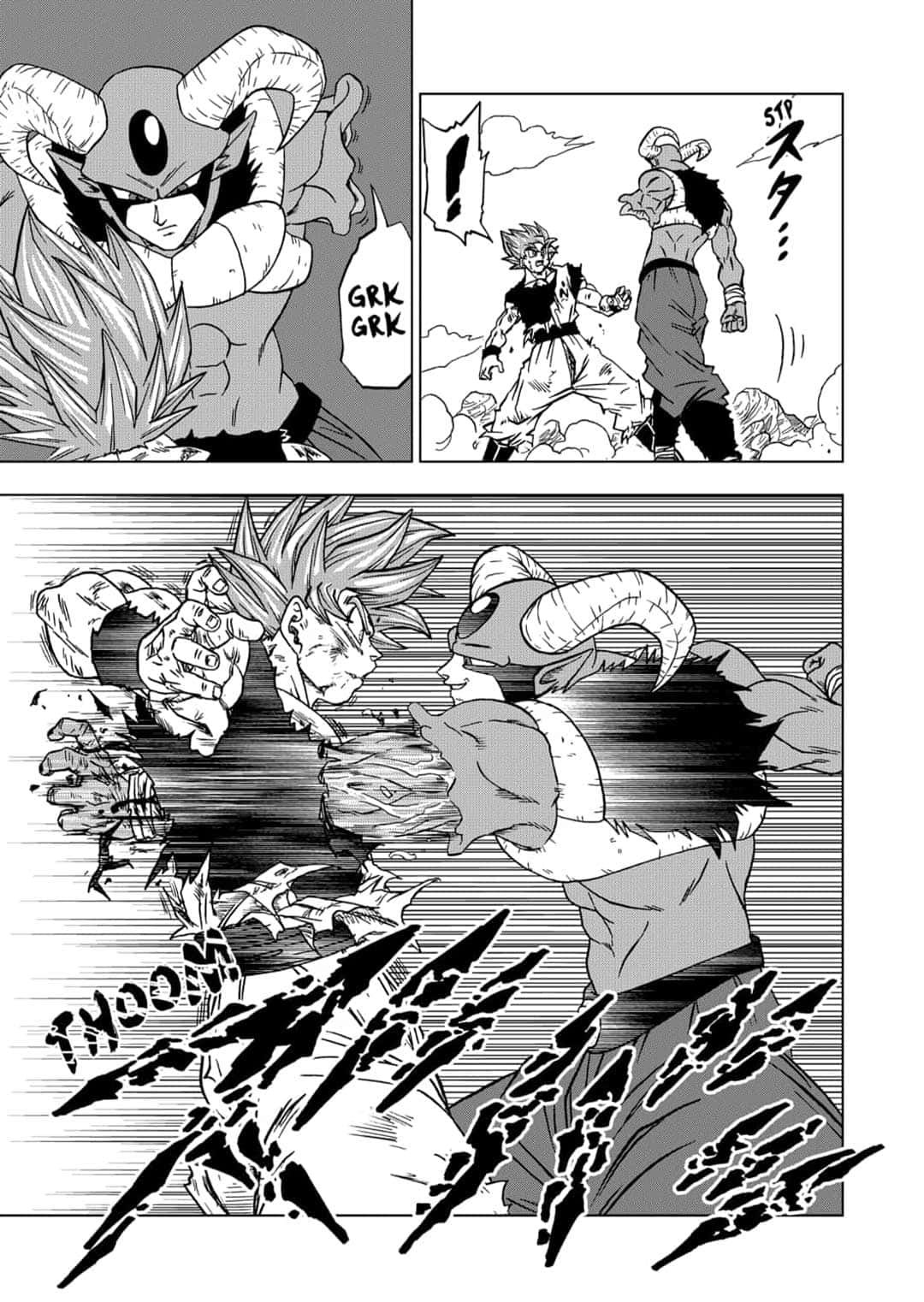 Dragon Ball Super Manga 桌布 壁紙 — 黑白漫畫格描繪了肌肉發達、長有角及尖刺頭髮的角色之間激烈交鋒，互相施展強力打擊。