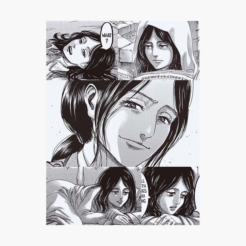 Pieck Finger 桌布 壁紙 — 黑白漫畫格顯示一位女性在閱讀報紙時表現出驚訝和悲傷的反應。