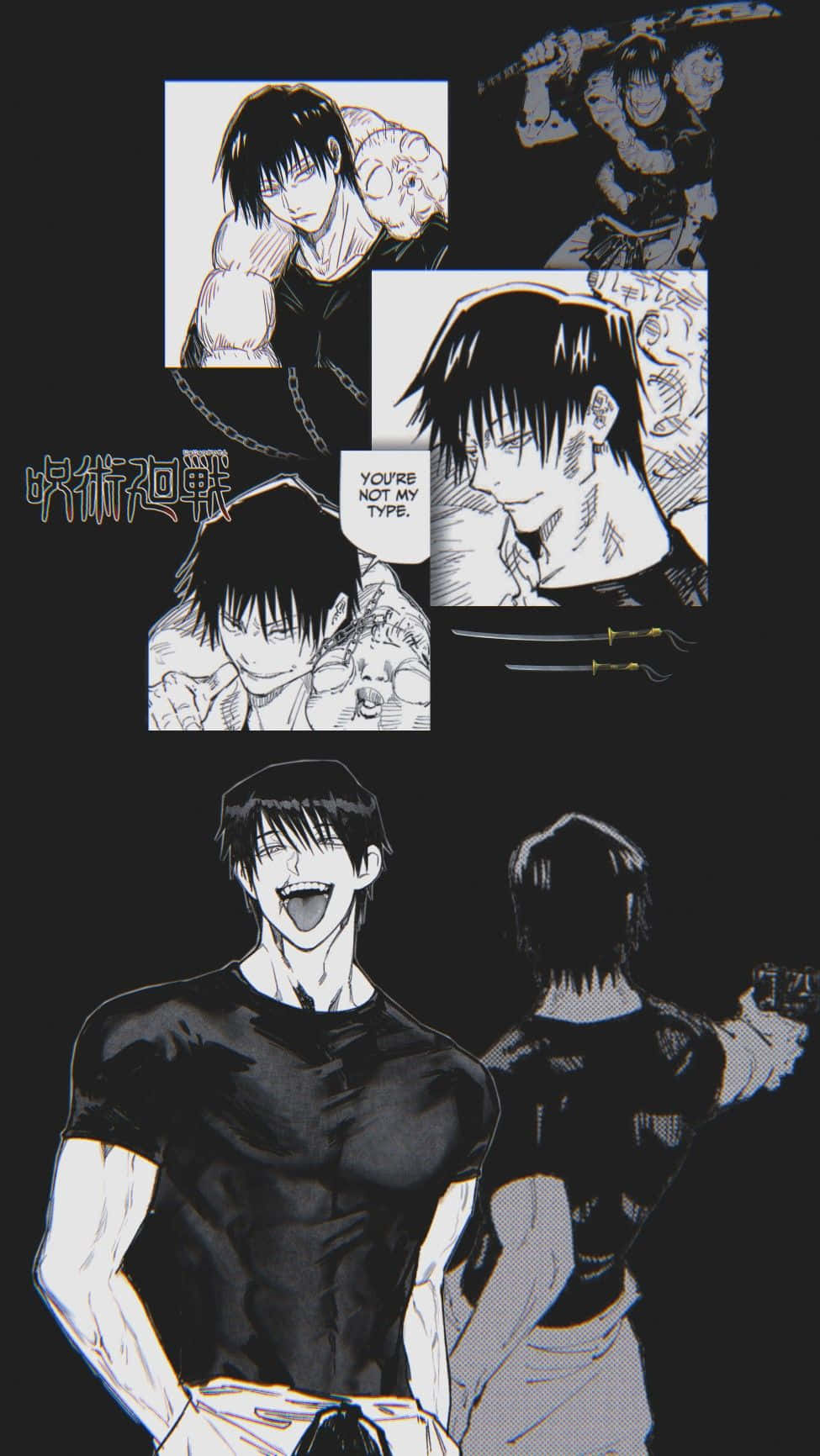 Toji Fushiguro 桌布 壁紙 — 黑白漫畫面板， featuring 強烈的動漫角色，帶有戲劇性的表情和動態姿勢。