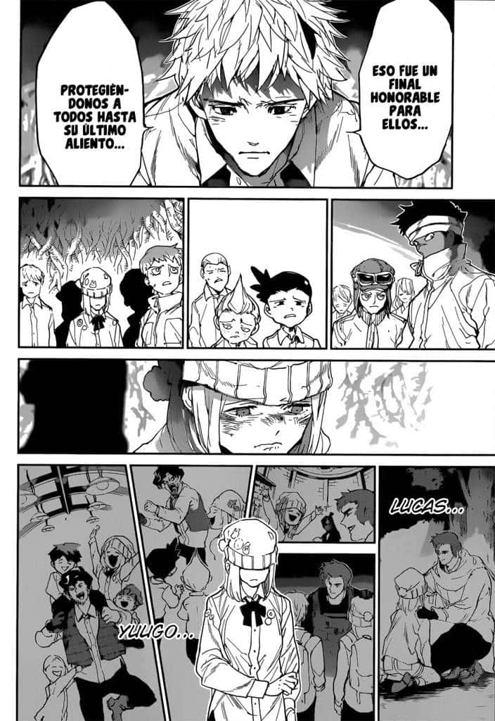 The Promised Neverland Lucas 桌布 壁紙 — 黑白漫畫面板，展示情感豐富的角色在戲劇性場景中，帶有西班牙語對話氣泡。