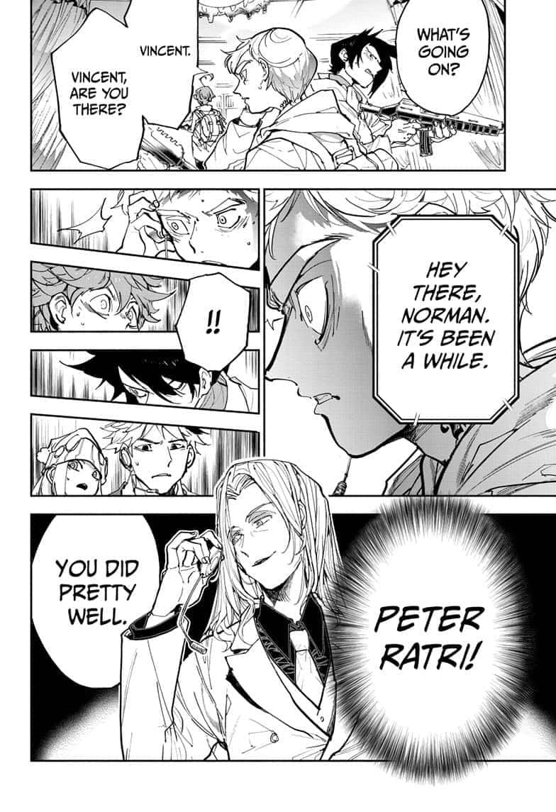 The Promised Neverland Peter Ratri 桌布 壁紙 — 黑白漫畫面板，顯示角色在通話中表現出驚訝和認出的反應。