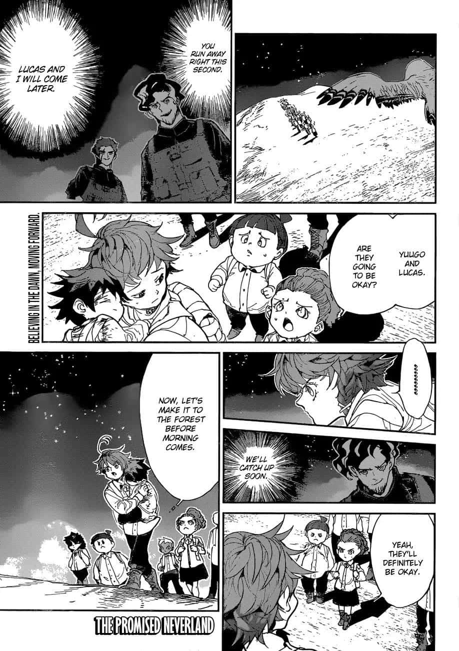 The Promised Neverland Lucas 桌布 壁紙 — 黑白漫畫面板展示角色在雪夜場景中，對話關於逃跑和追上。