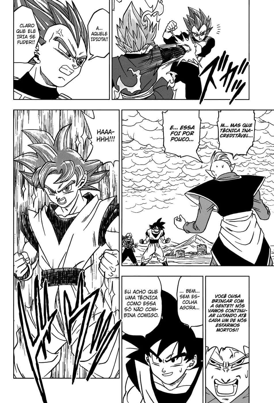Dragon Ball Super Manga 桌布 壁紙 — 黑白漫畫面板描繪了激烈的武術戰鬥，帶有動態動作線條和葡萄牙語對話氣泡。