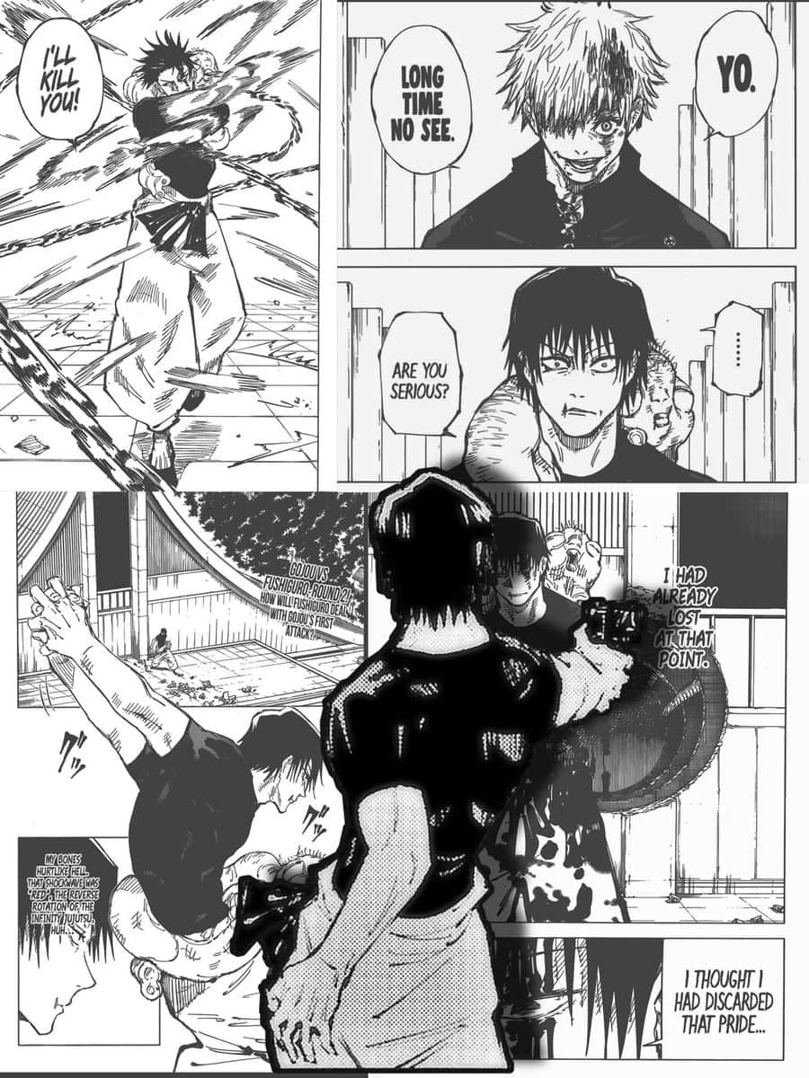 Toji Fushiguro 桌布 壁紙 — 黑白漫畫面板描繪了風格化的動漫角色在 gritty 的城市環境中進行激烈的戰鬥和戲劇性的對話。