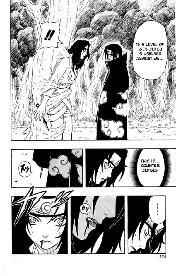Kurenai Yuhi 桌布 壁紙 — 黑白漫畫面板顯示兩個忍者角色在森林中，帶有戲劇性的表情和對話氣泡，揭示了一場幻術對決。