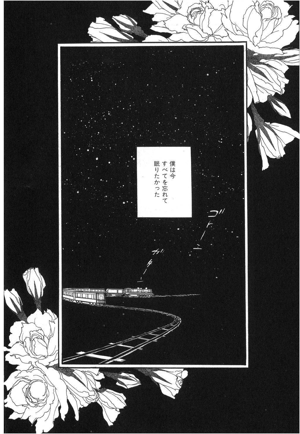 火車在繁星點點的夜空下行駛，以大型白色花卉作框。