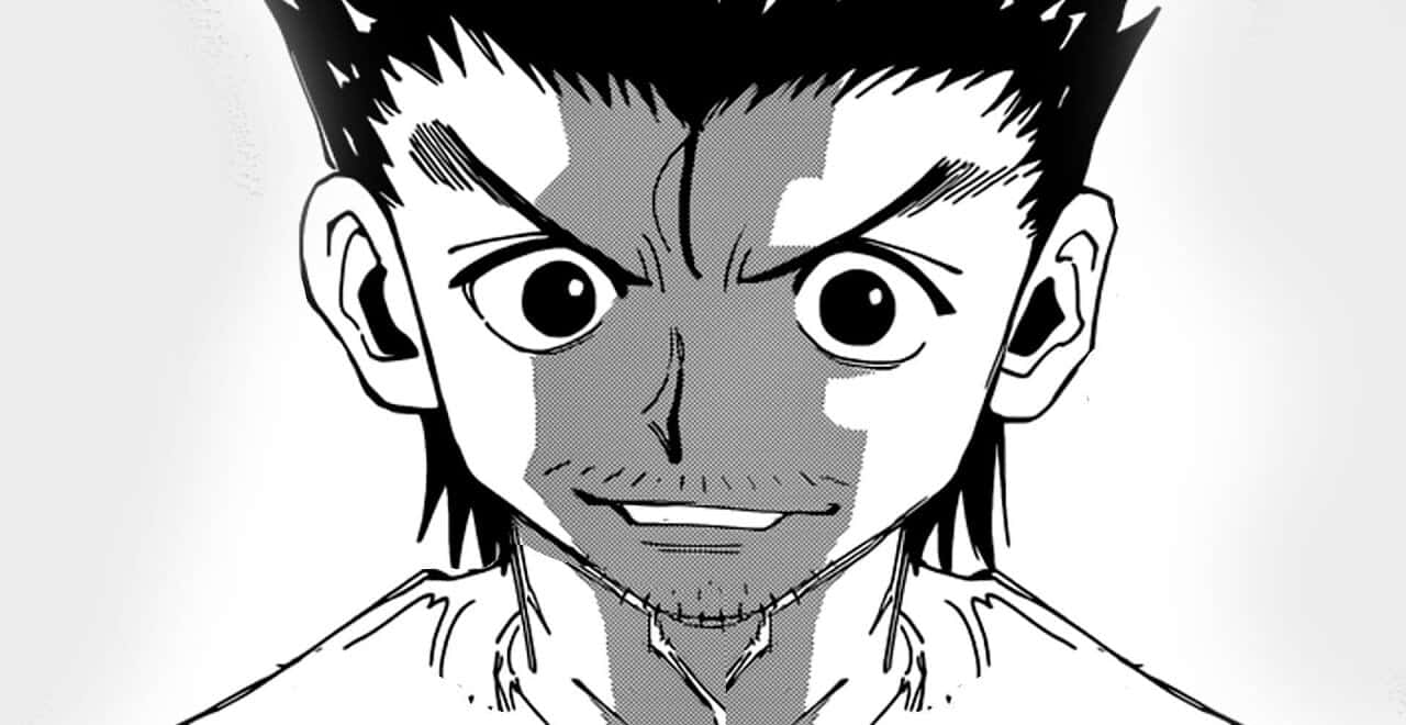 Ging Freecss 桌布 壁紙 — 黑白漫畫風格特寫，一個年輕男子擁有尖刺頭髮和銳利眼神，展現強烈決心。