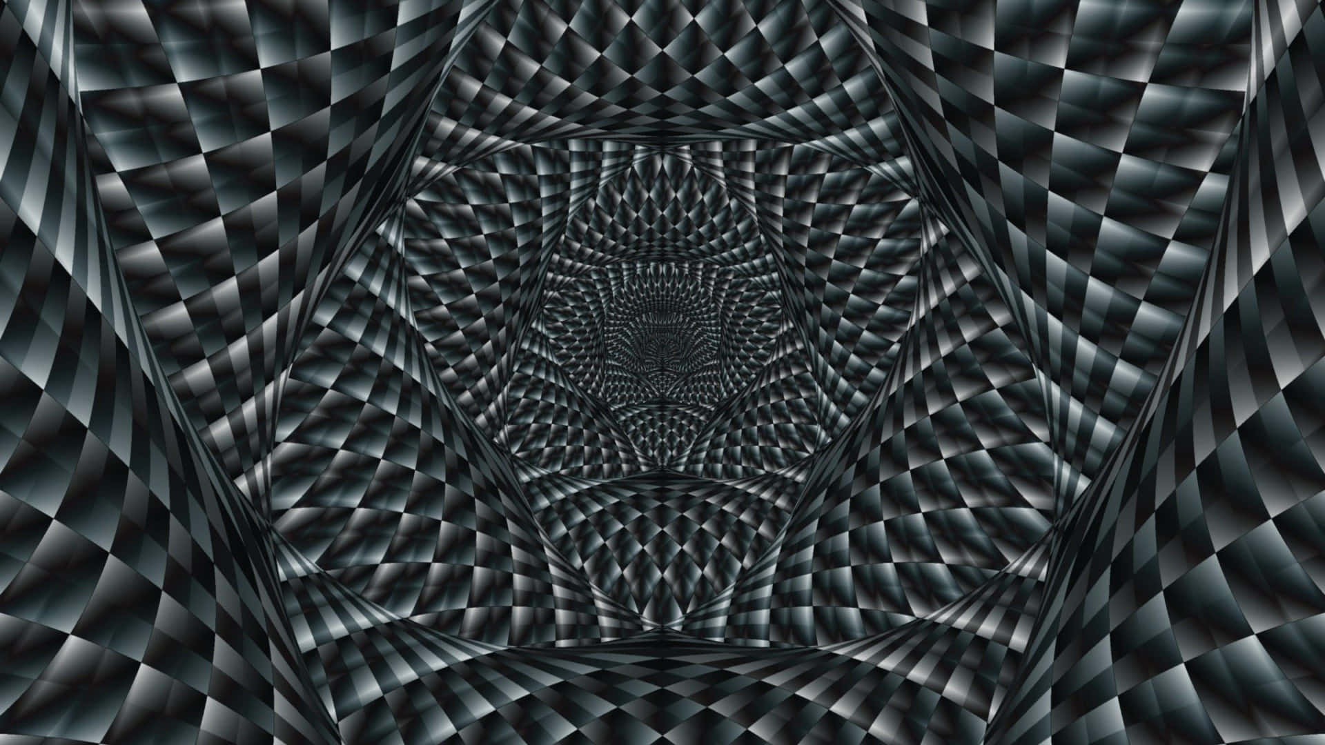 一個黑灰色幾何隧道，重複的鑽石圖案營造出催眠般的3D幻覺。