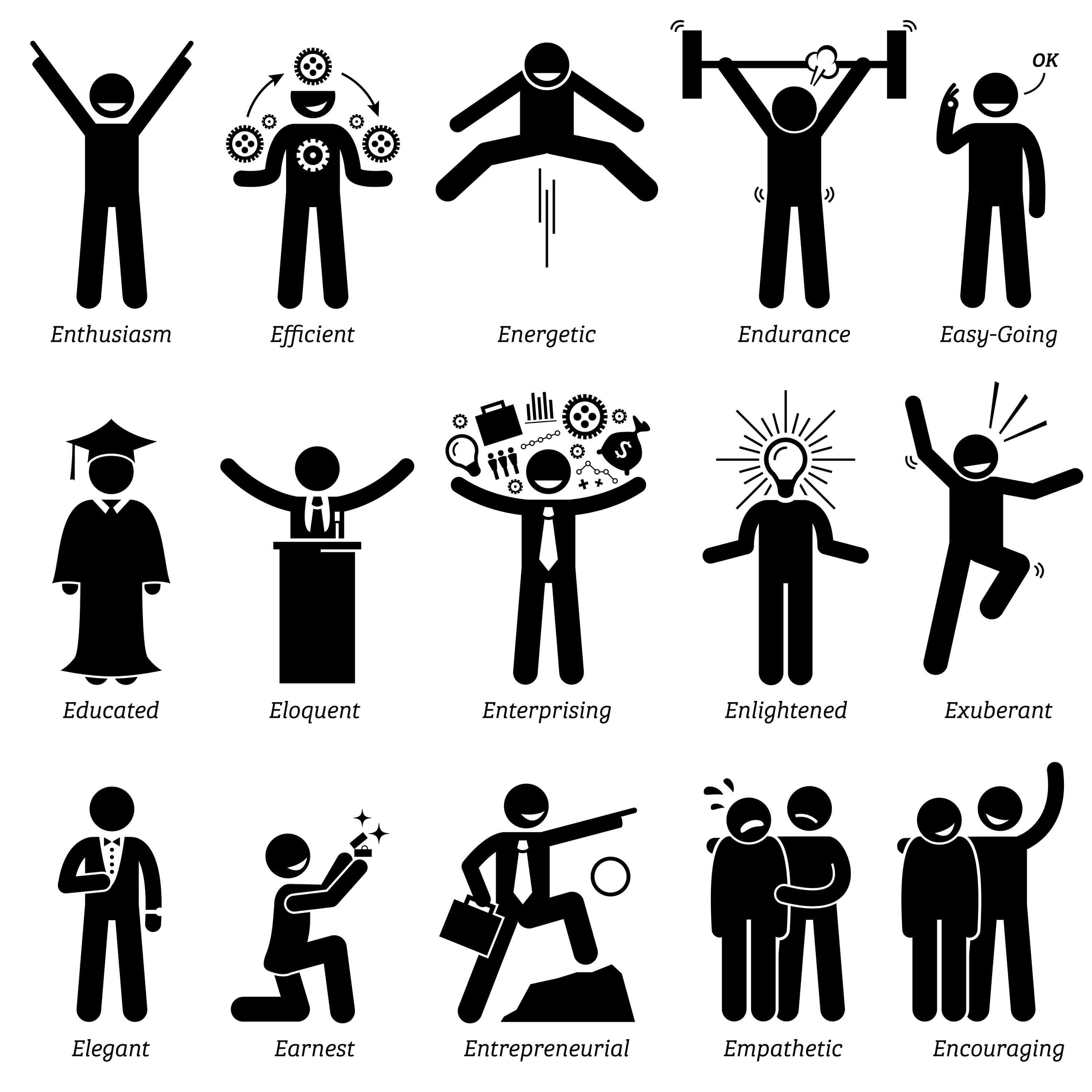 Entrepreneurial Memes 桌布 壁紙 — 黑白火柴人圖示，描繪各種性格特質和專業品質。