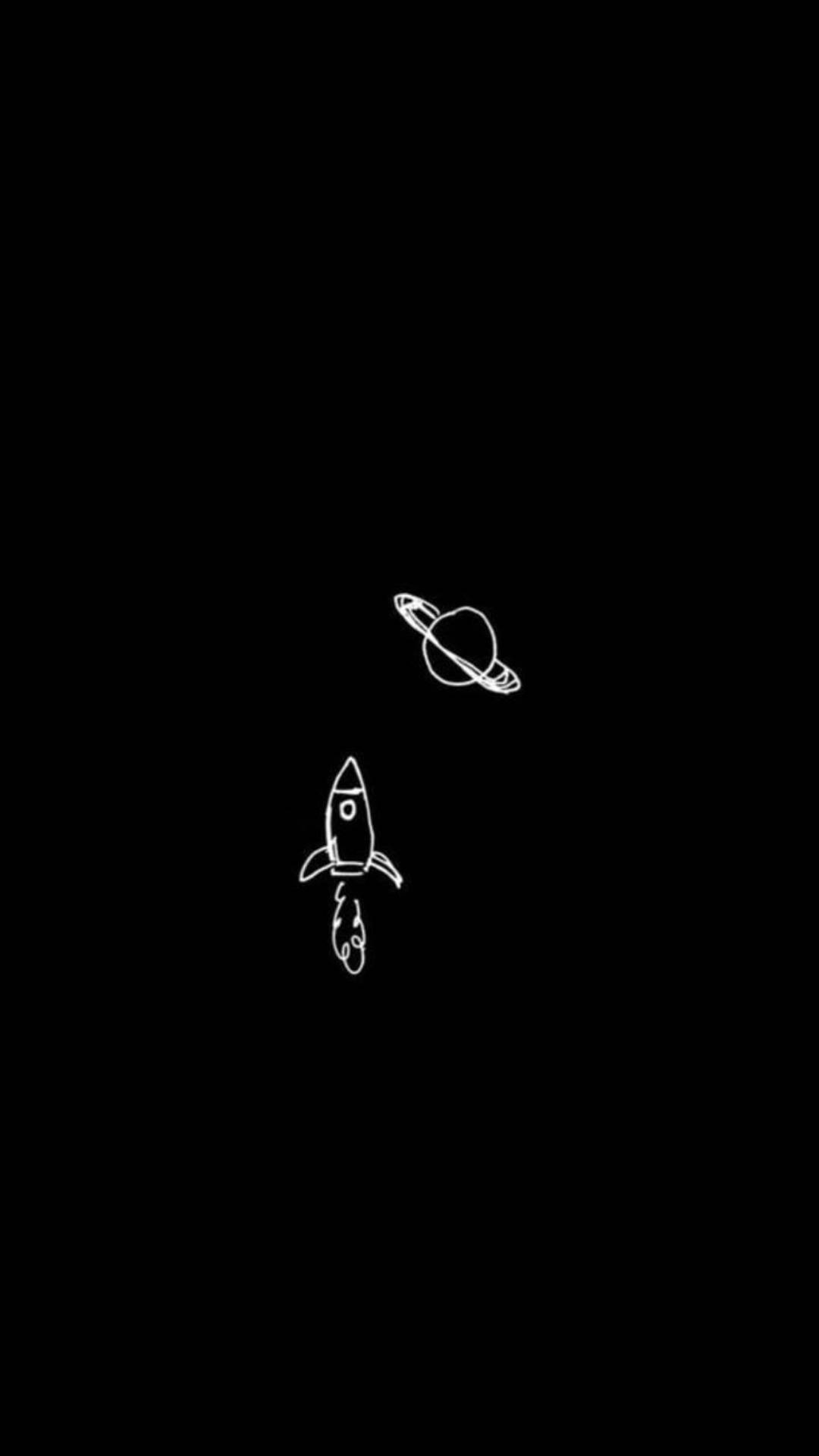 黑白火箭 壁紙 — 在純黑背景上以白色線條繪製的火箭和土星極簡線條畫。