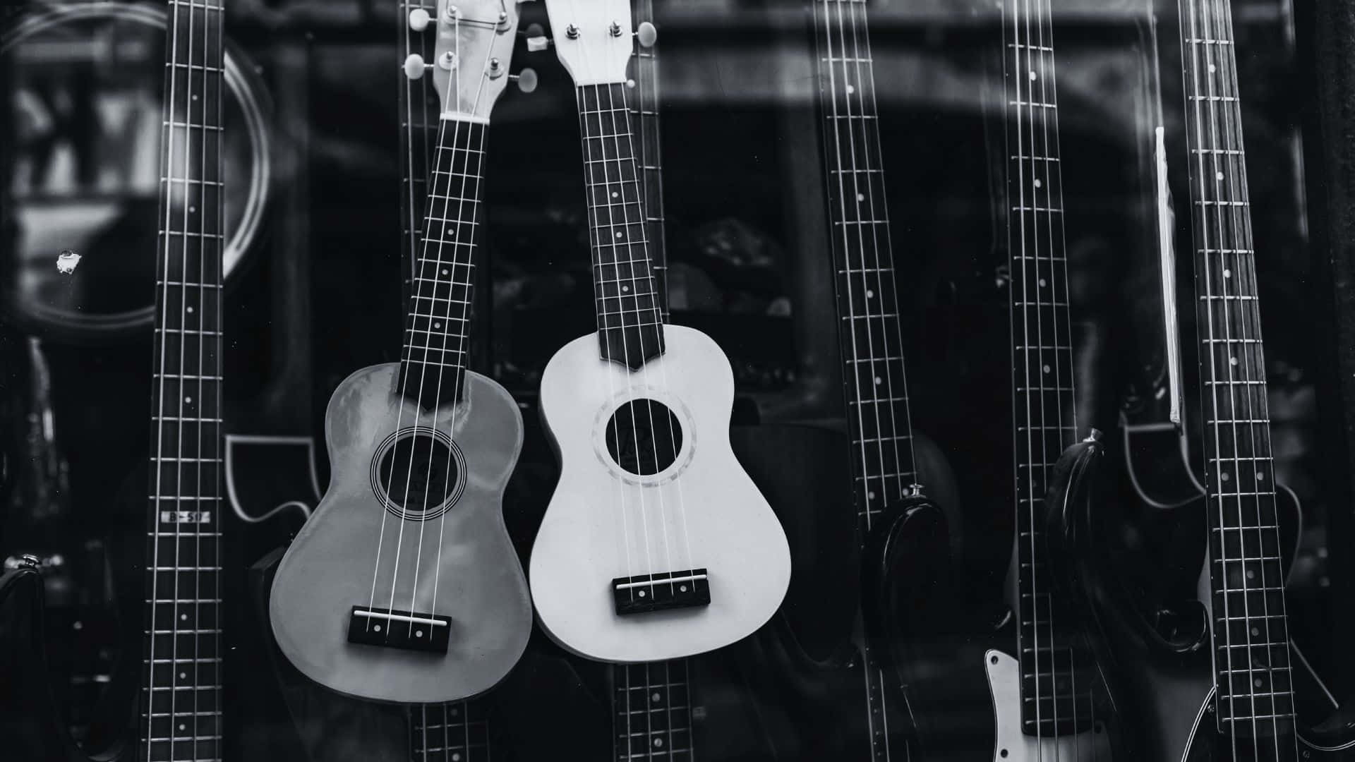 Black And White Guitar 桌布 壁紙 — 黑白照片，展示掛在音樂店櫥窗中的烏克麗麗和結他，帶有倒影。