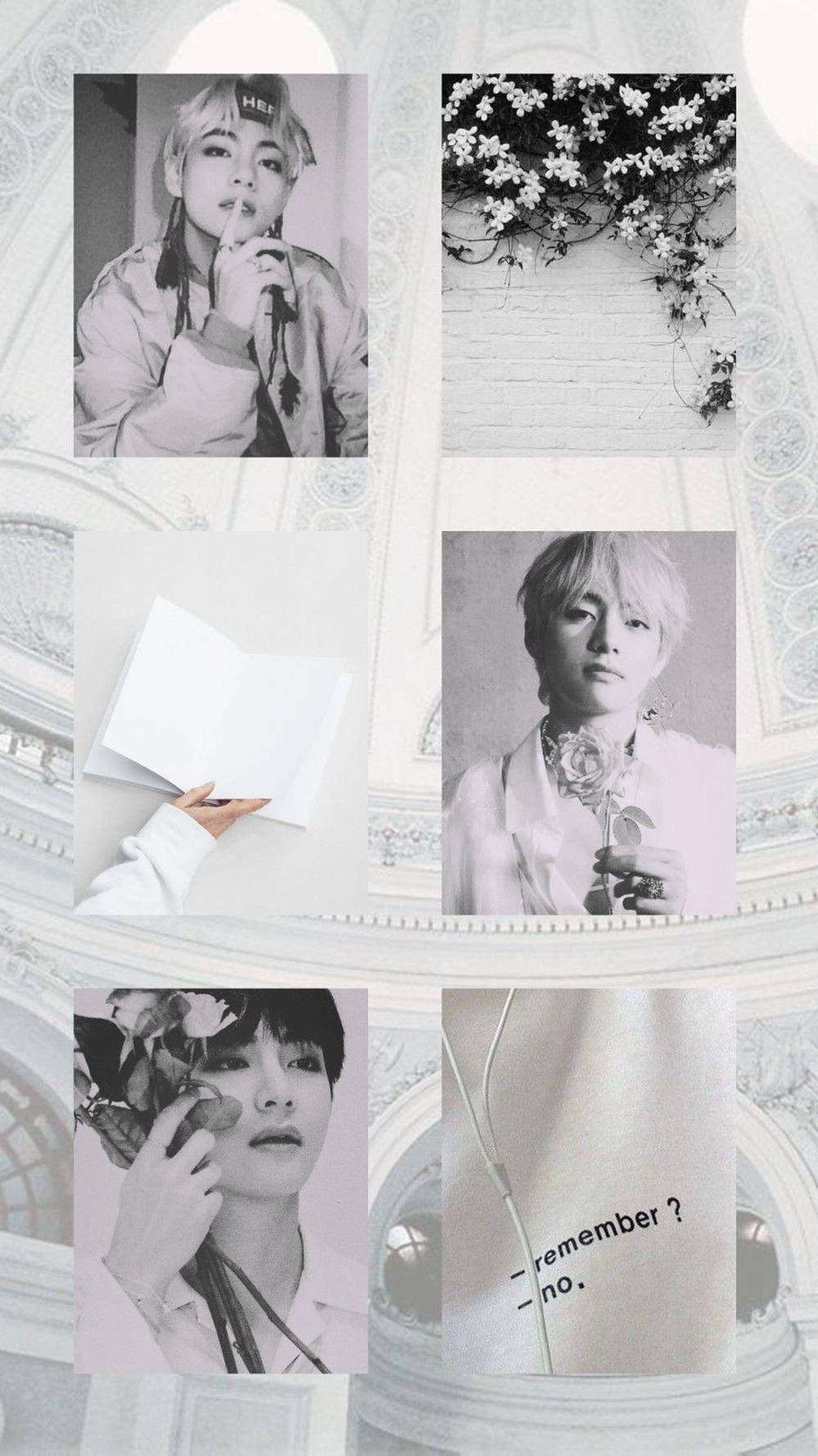 Kpop Aesthetic 桌布 壁紙 — 黑白照片拼貼，展示一個人在裝飾性建築背景前以不同姿勢與花卉和文字互動。