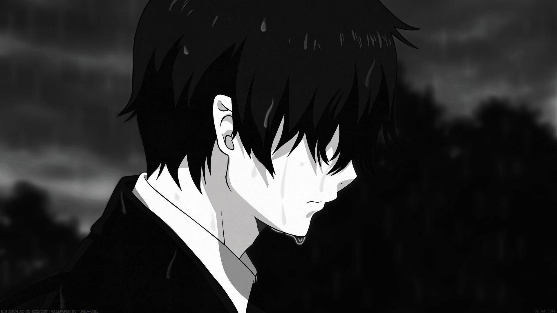 動漫男孩在雨中哭泣，背景是黑暗風暴。