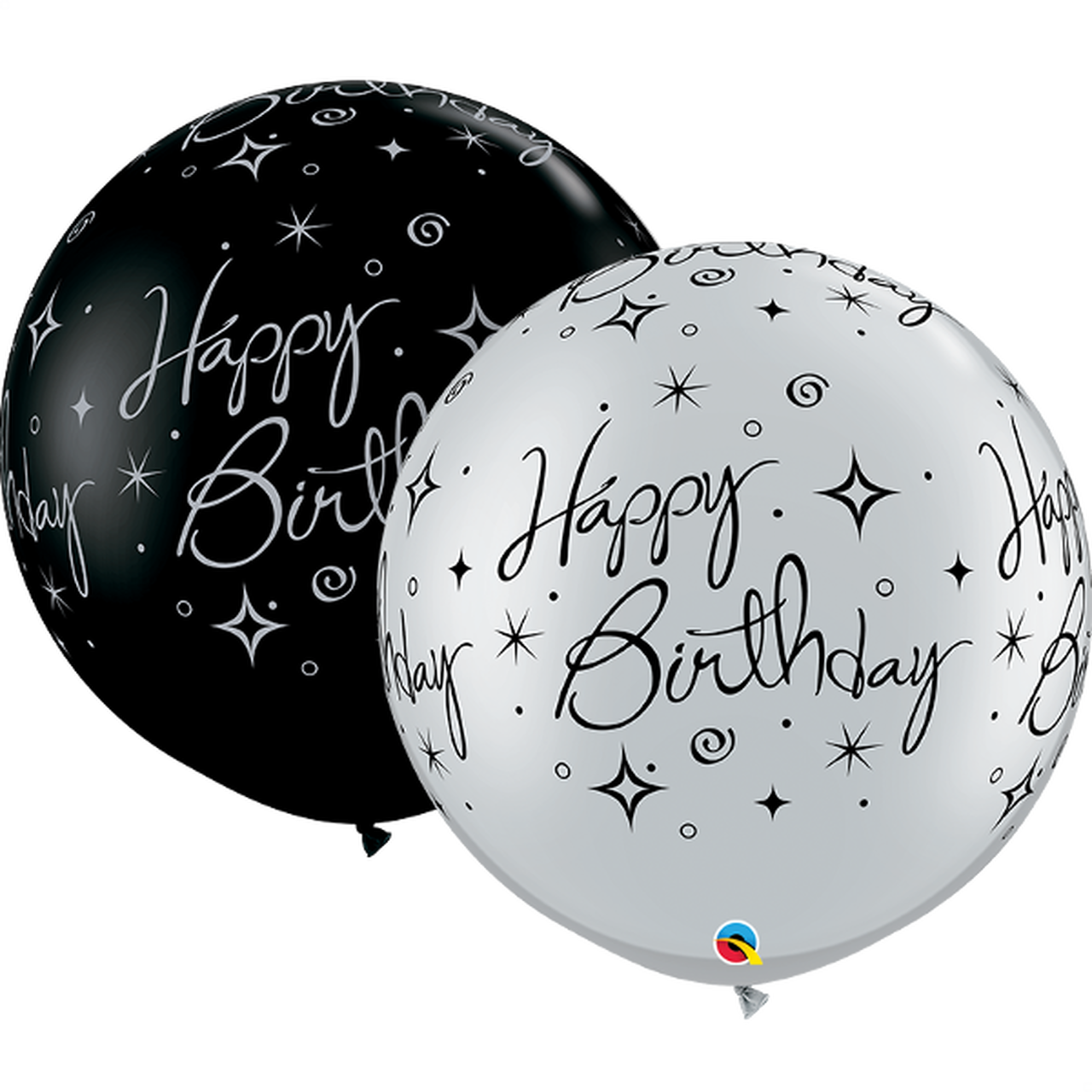 黑白生日氣球 壁紙 — 兩個光面氣球，一個黑色一個銀色，均帶有優雅的手寫體生日快樂文字和閃爍星星圖案，背景為純黑色。