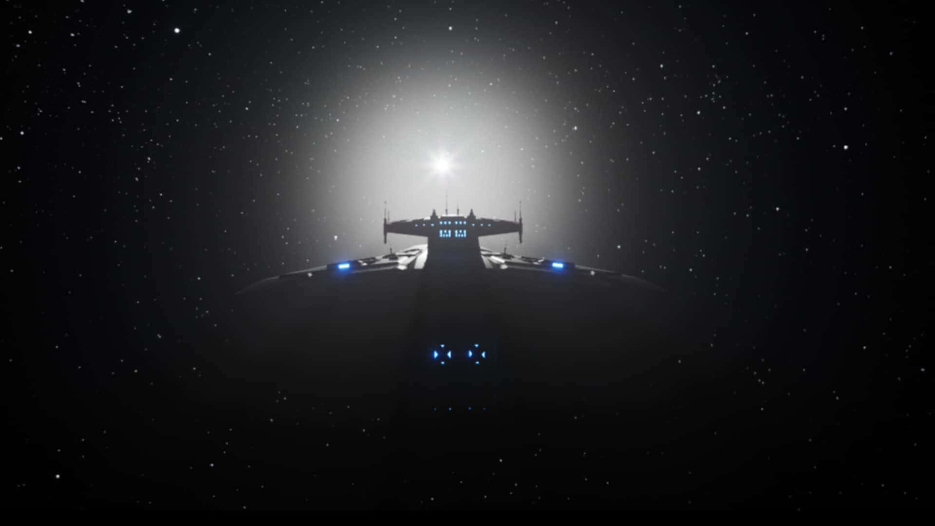 未來風格太空船飛越星域，朝向明亮宇宙光。
