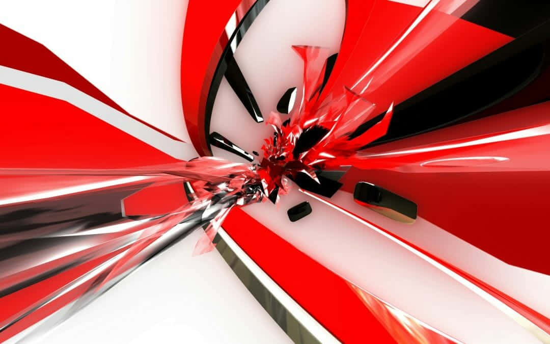 黑白紅抽象設計，現代感十足 壁紙 — 一個動態的3D渲染隧道，由光澤的紅色、黑色和白色幾何碎片螺旋向中央爆炸。