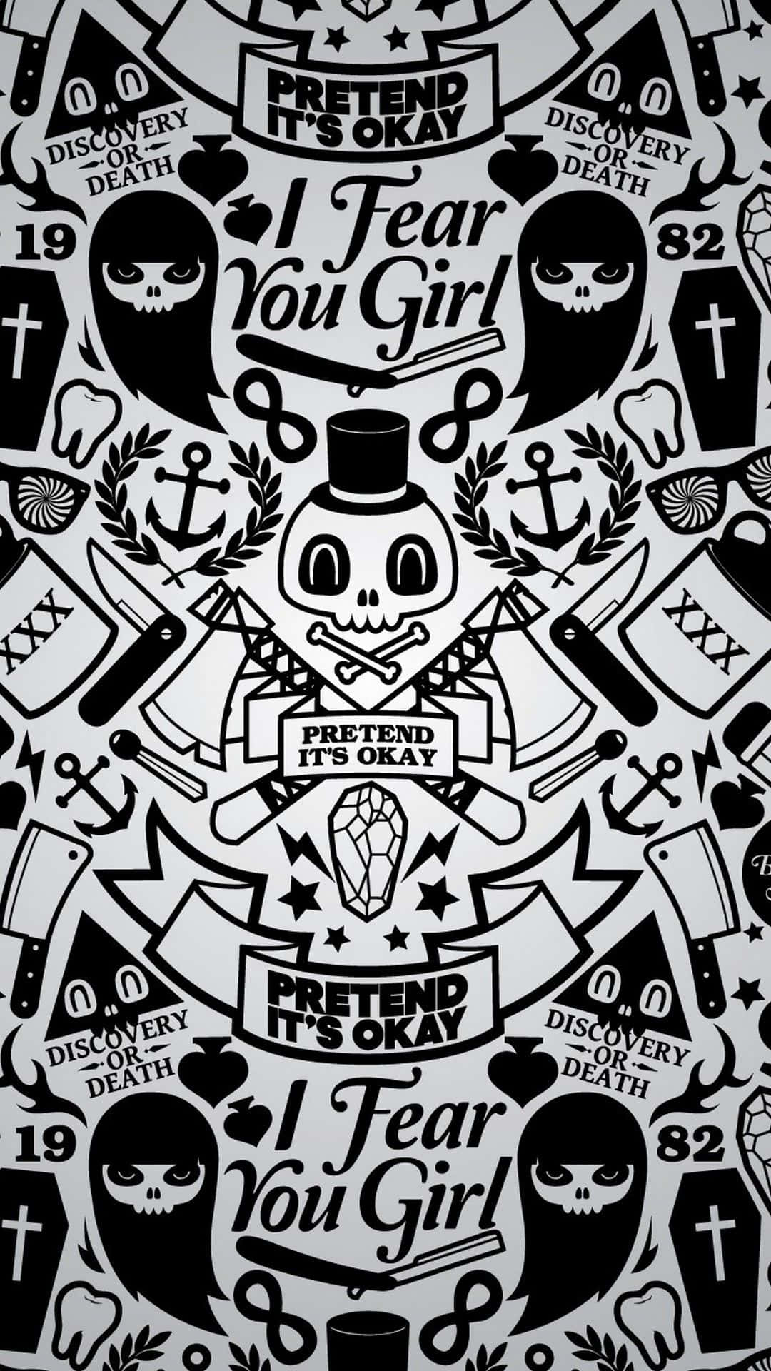 Black And White Graffiti 桌布 壁紙 — 黑白紋身風格牆紙，以密集重複圖案呈現骷髏頭、錨、刀和「pretend it's okay」等文字短語。