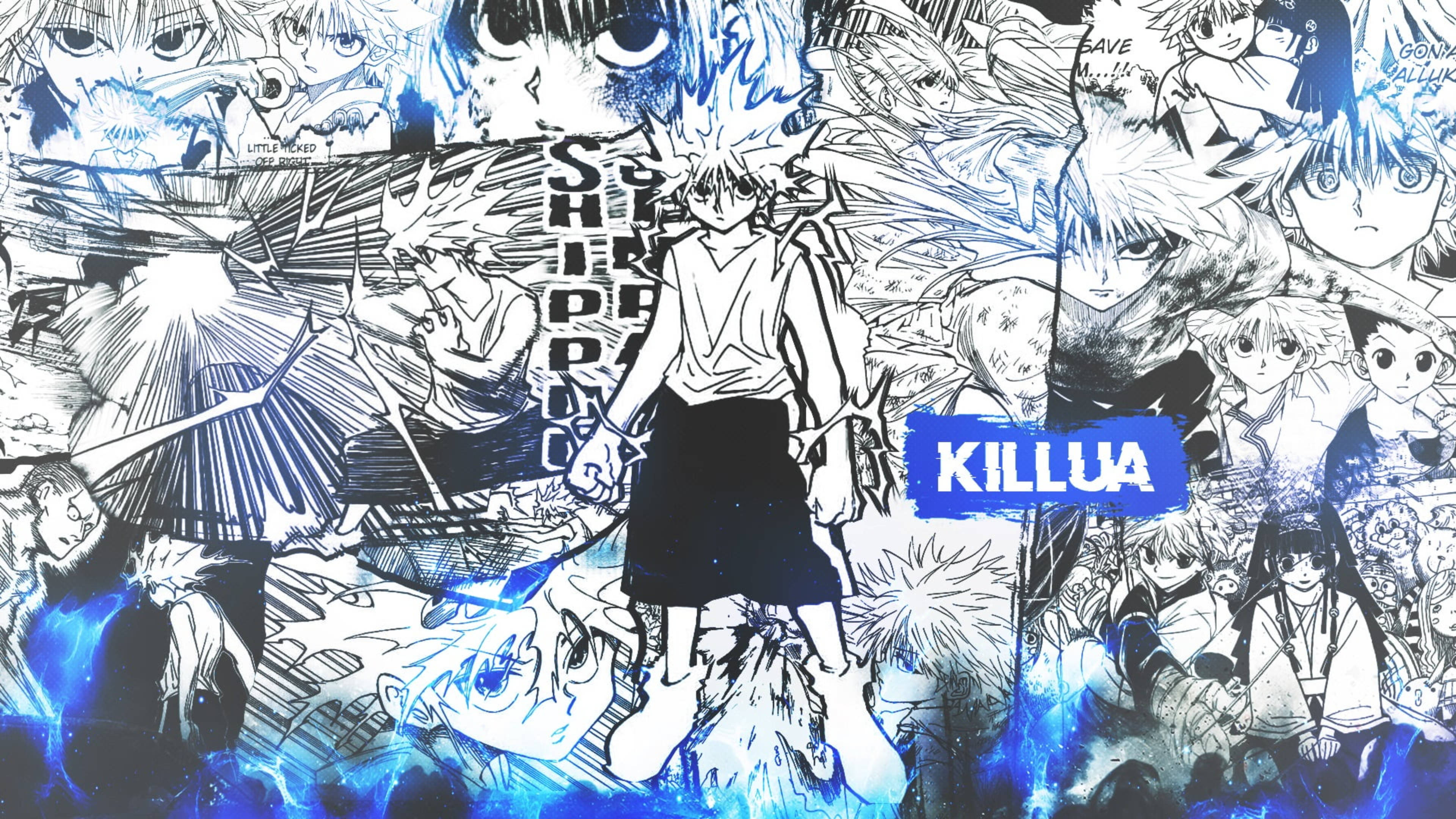 黑白素描 Killua 4K 壁紙 — 以奇犽為中心的動態動漫拼貼畫，周圍環繞著藍色能量爆發和漫畫面板。