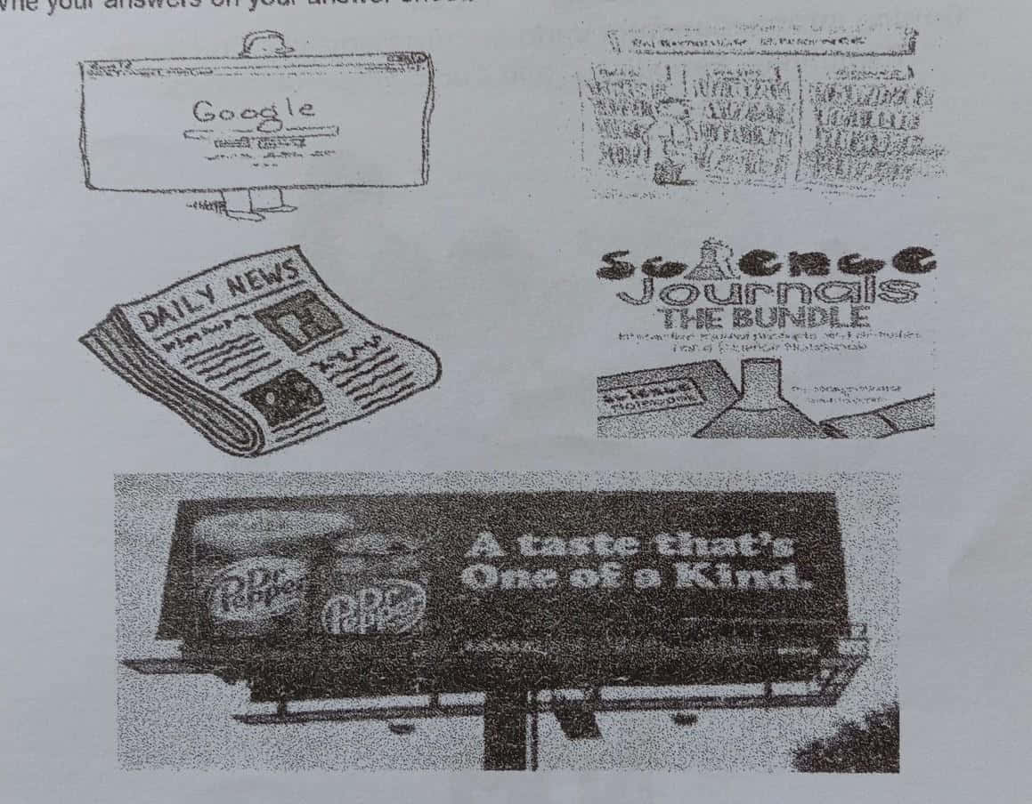 Media 桌布 壁紙 — 黑白素描拼貼畫，展示Google搜尋列、圖書館、報紙、科學期刊和Dr Pepper廣告牌。