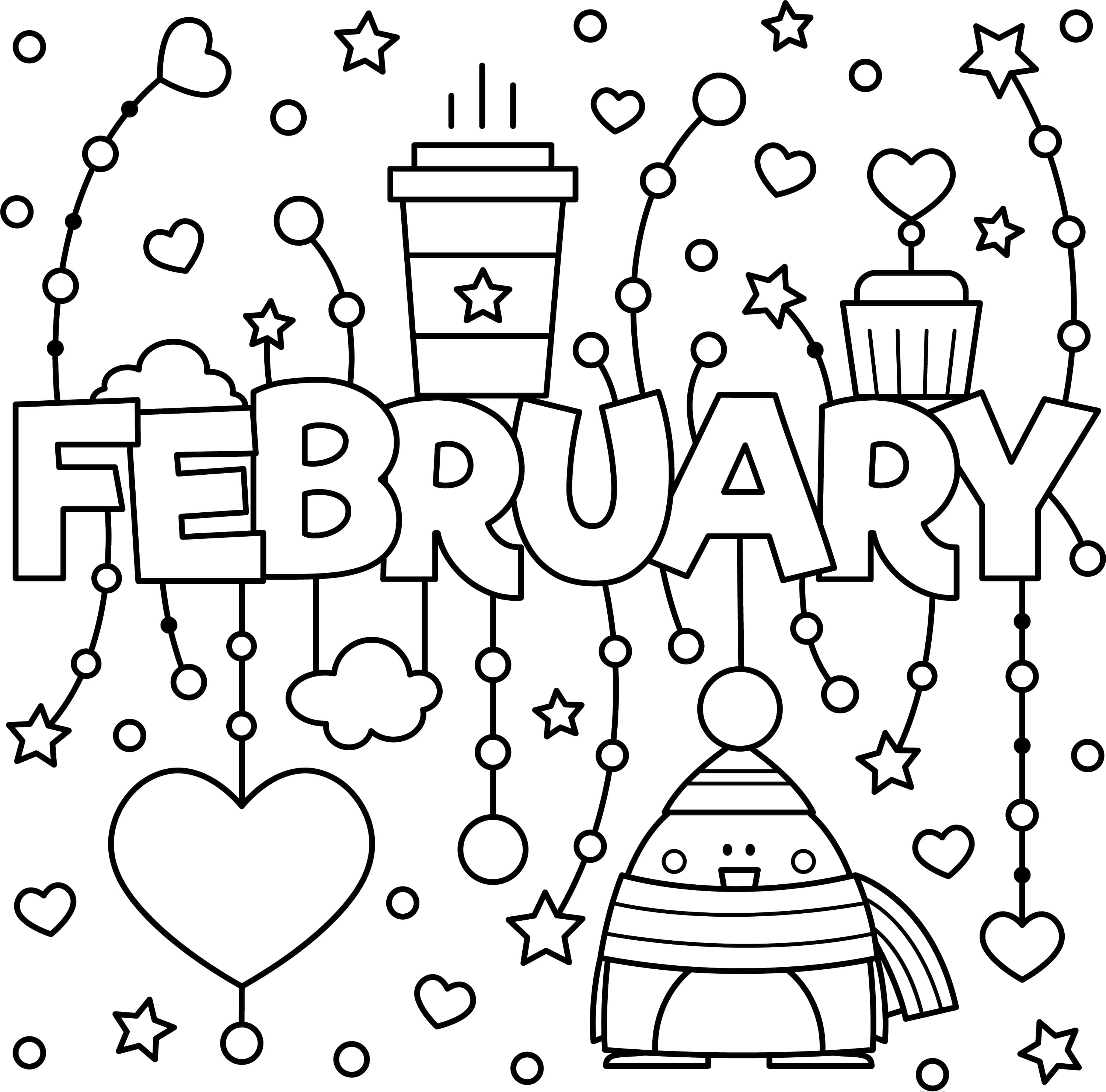 二月 桌布 壁紙 — 黑白線條藝術填色頁，包含「February」字樣、可愛企鵝、咖啡杯、杯子蛋糕、心形和星星。