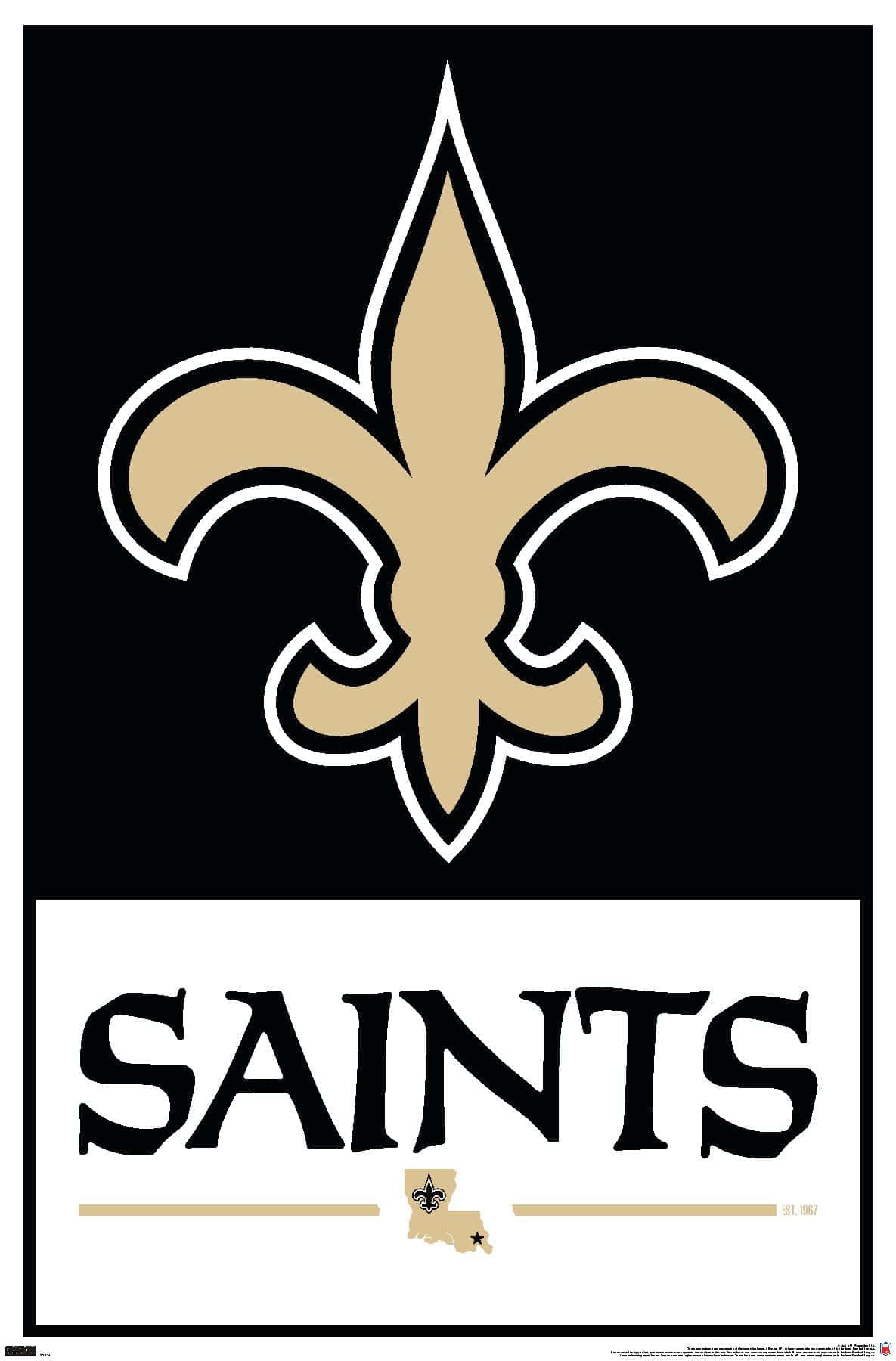 聖人 桌布 壁紙 — 黑白色背景上帶有「SAINTS」文字的醒目金色和黑色鳶尾花標誌。