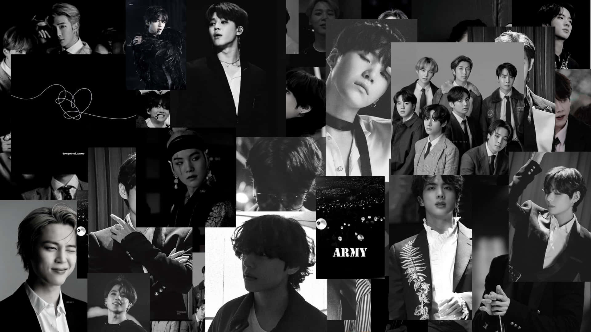 K-pop偶像的黑白照片拼貼，帶有'ARMY'文字。