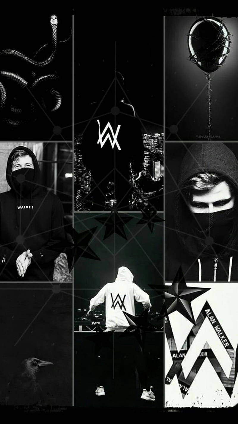 Alan Walker 拼貼畫，包含標誌星星、蛇和氣球，黑白風格。