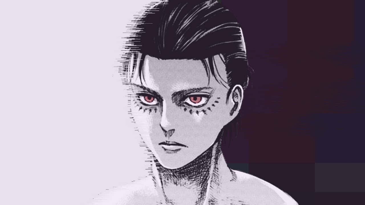 黑白艾倫·耶格爾頭像 壁紙 — 一個風格化的動畫肖像，描繪一位嚴肅的年輕男子，擁有紅色眼睛和銳利的黑髮，背景為漸變色。