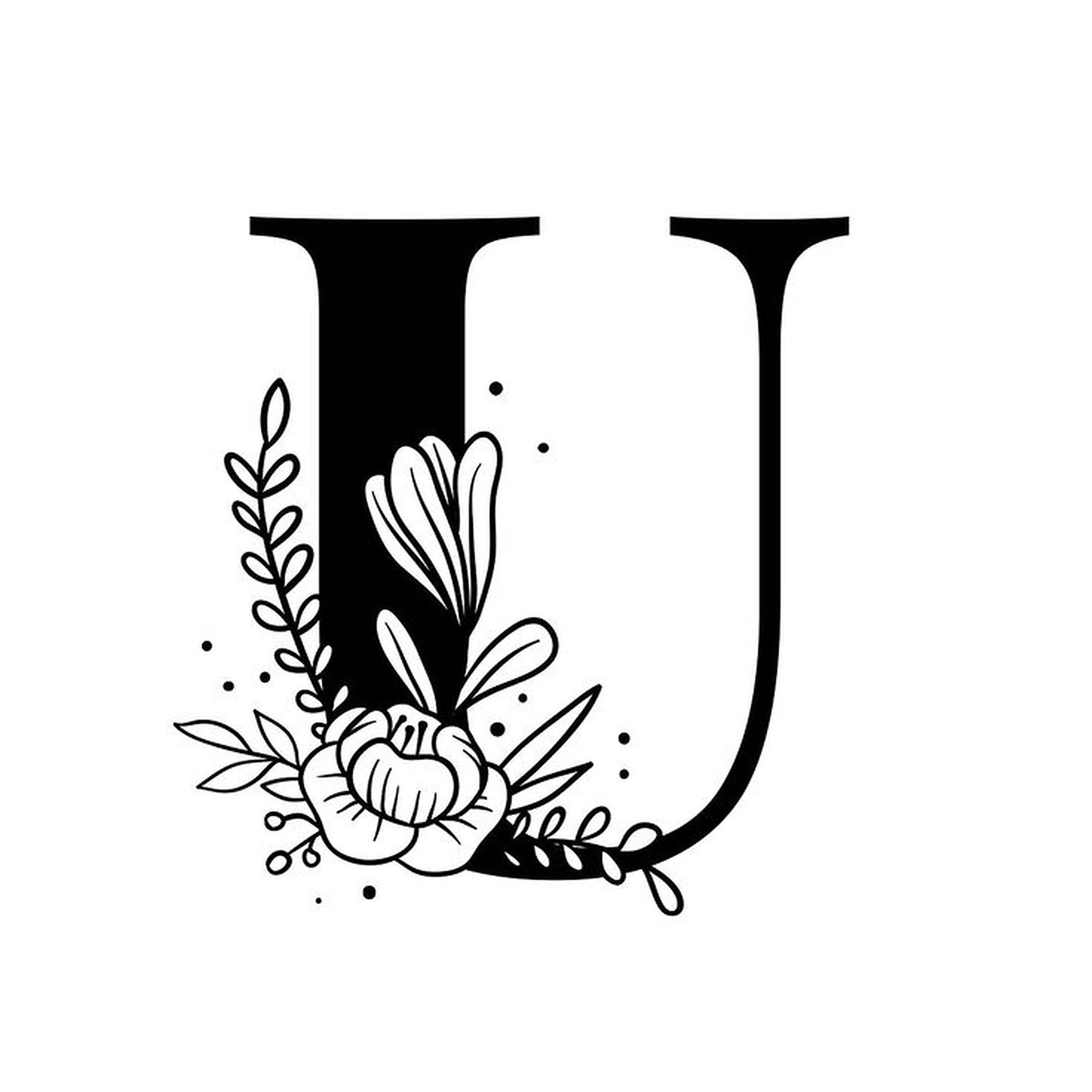 黑白花卉字母U 壁紙 — 大膽的黑色字母 U，在潔淨的白色背景上飾有精緻的花卉和葉子裝飾。