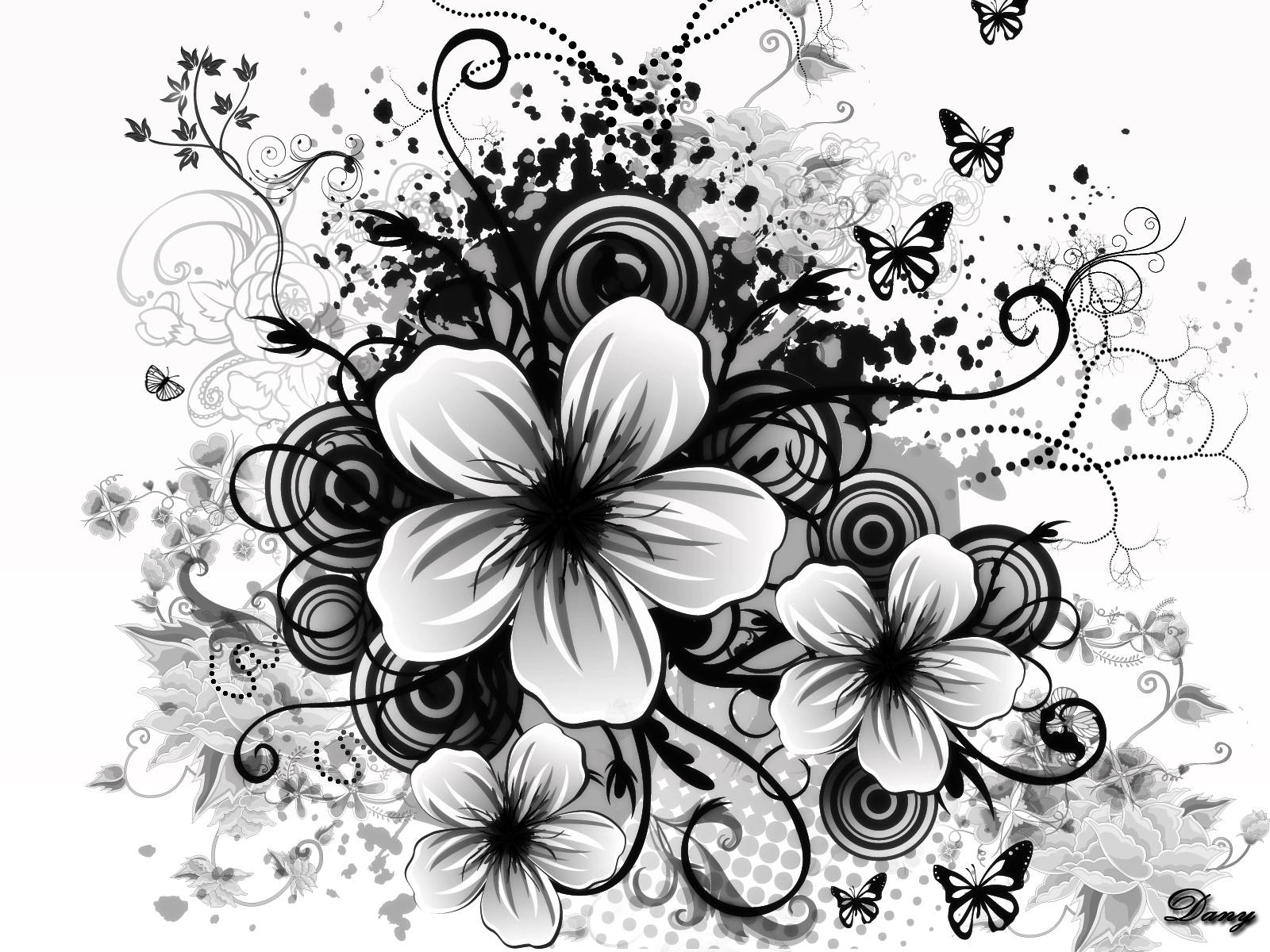 黑白花卉和蝴蝶插圖，帶有漩渦圖案。