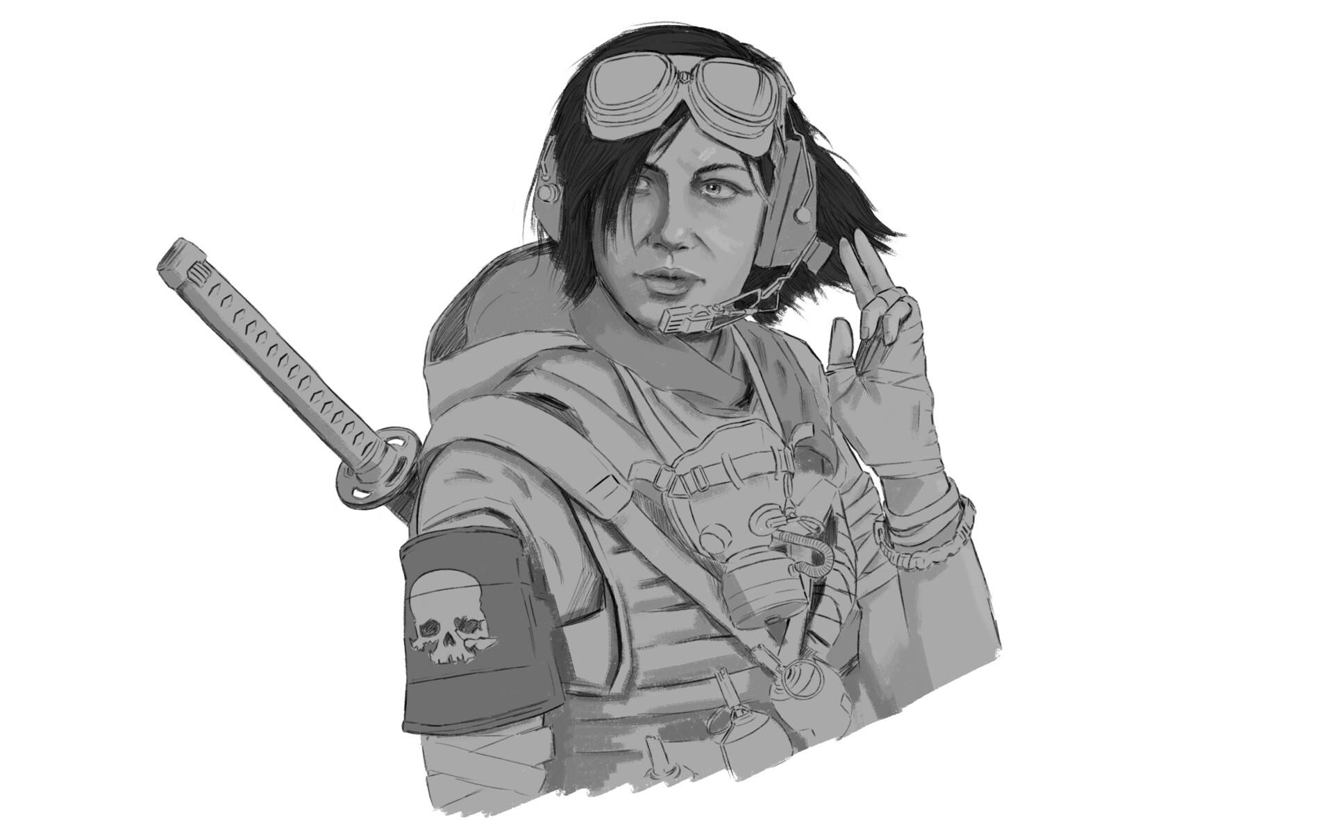 黑白莎曼珊·馬克西斯繪畫 壁紙 — 一幅單色插圖，描繪一位身穿戰術裝備的女性士兵手持武士刀和和平手勢。