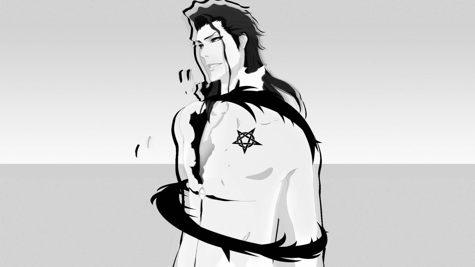 長髮胸前有五星芒紋身的動漫男子，灰色背景