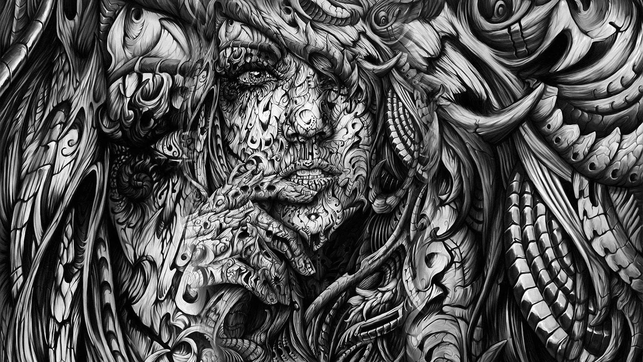 黑白藝術女神 壁紙 — 一幅令人毛骨悚然的黑白插圖，描繪了一個帶有複雜漩渦圖案和生物力學紋理的怪誕面孔。