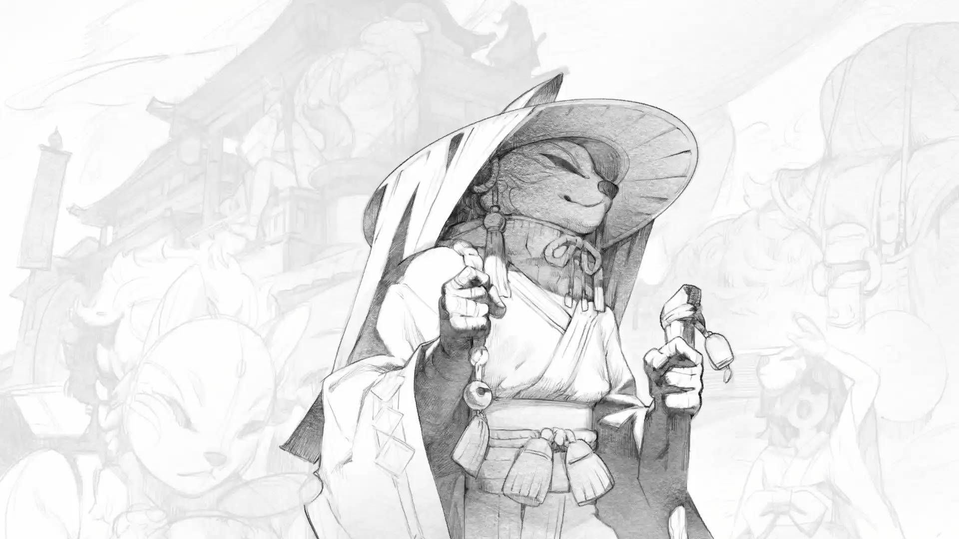 一隻穿著傳統長袍的狐狸精靈在神社中手持法杖和念珠。