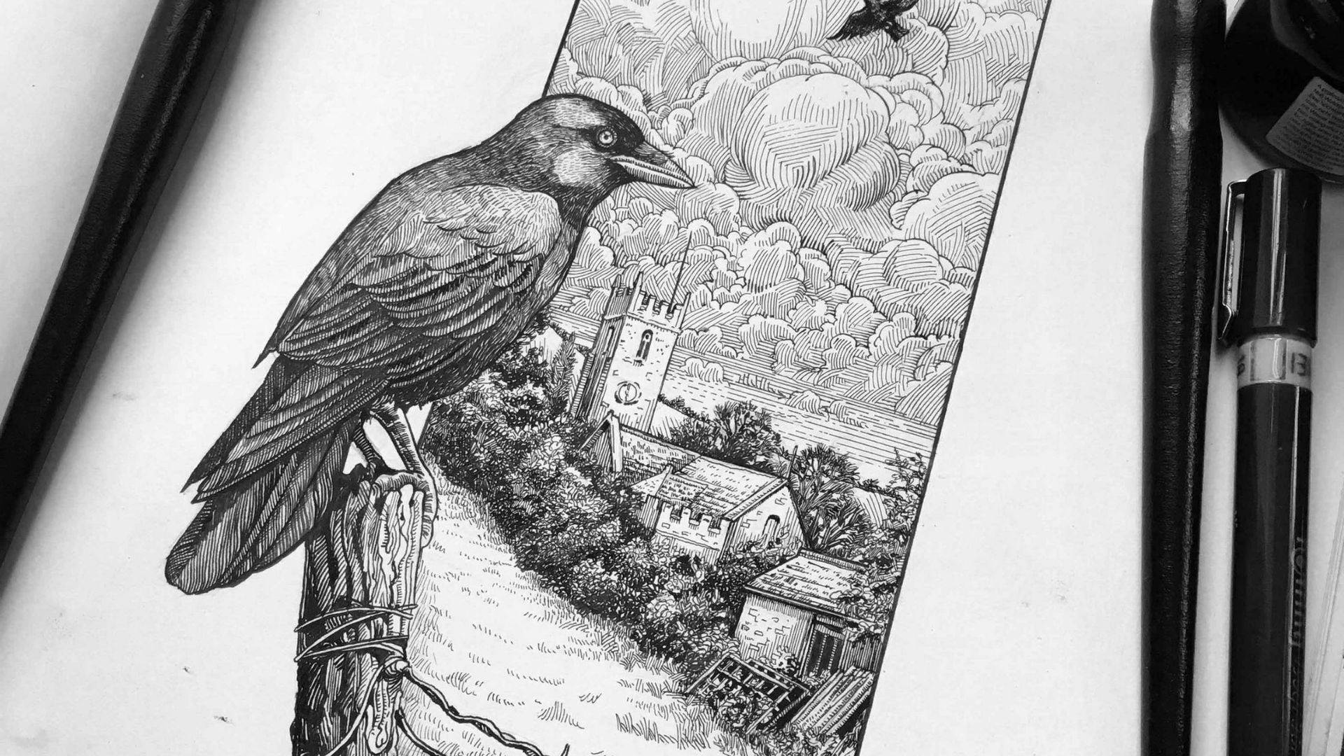 一幅烏鴉插圖，俯瞰著一個有教堂和多雲天空的村莊。