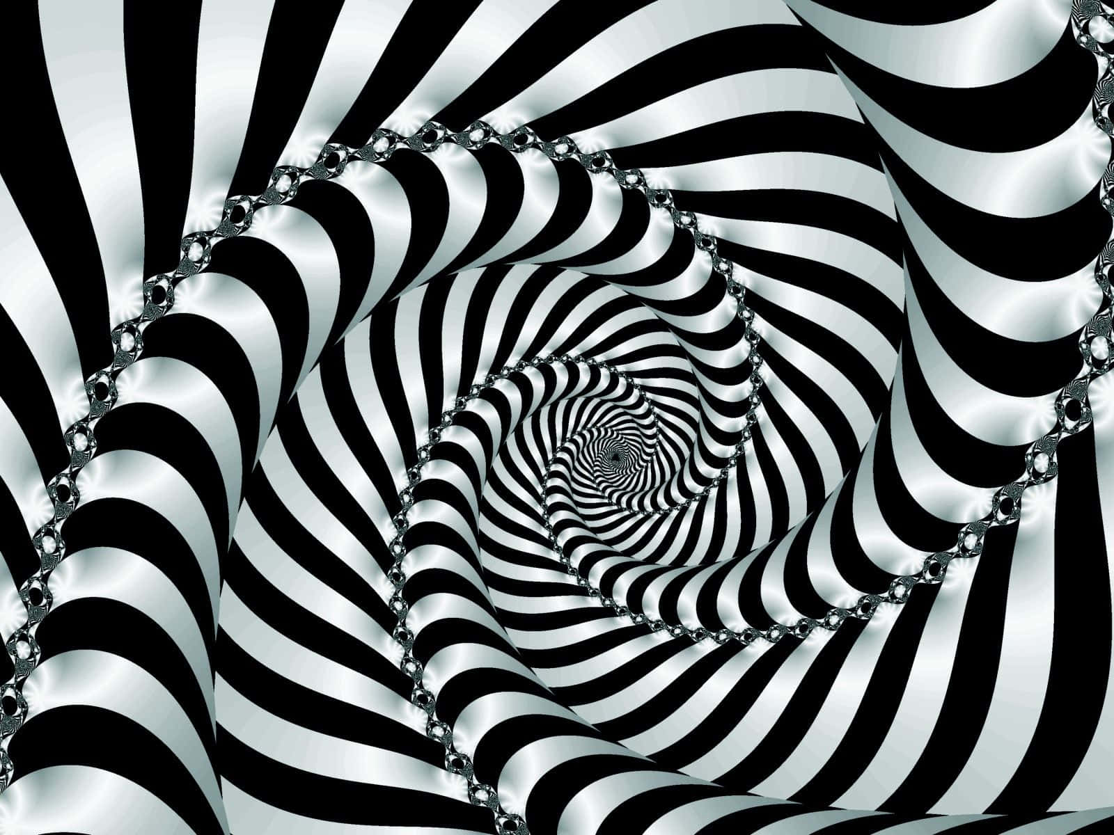 黑白螺旋隧道，帶有金屬鏈條裝飾，營造出催眠般的視覺錯覺。 — 迷幻 壁紙