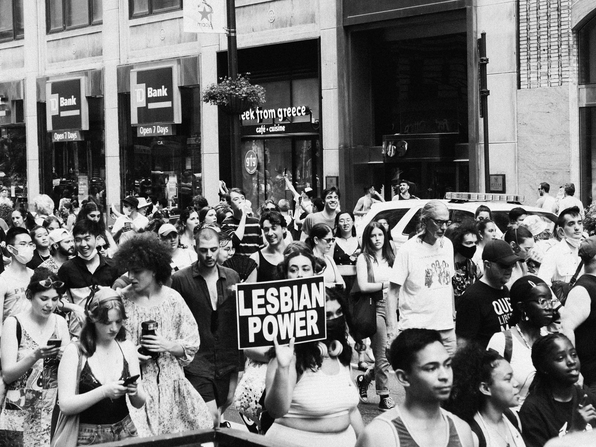 黑白照片，女同性戀驕傲遊行，人群舉著「LESBIAN POWER」標語。