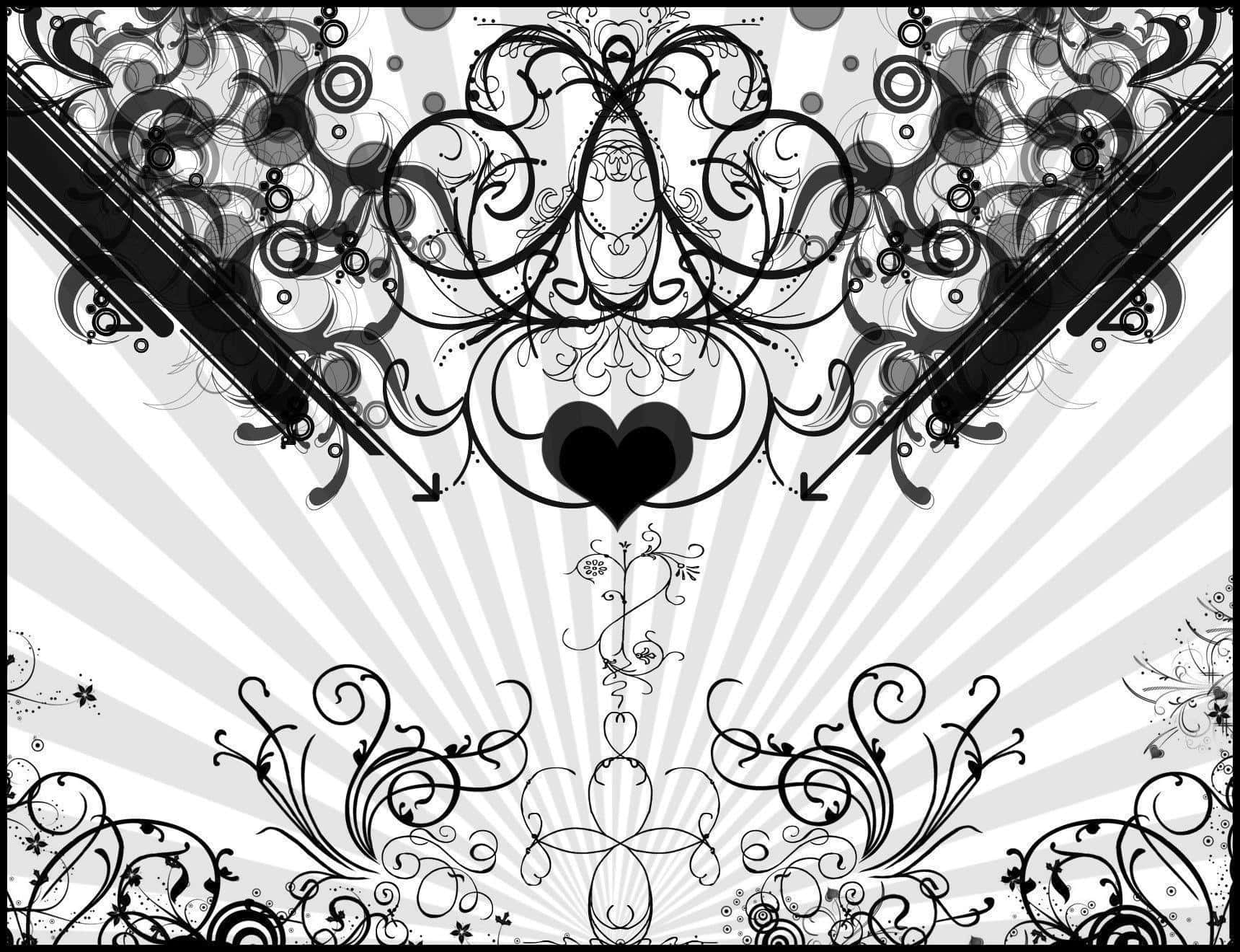Black And White Heart 桌布 壁紙 — 黑白裝飾性牆紙，帶有從中心心形向四周擴散的漩渦花卉圖案，背景為太陽光線。