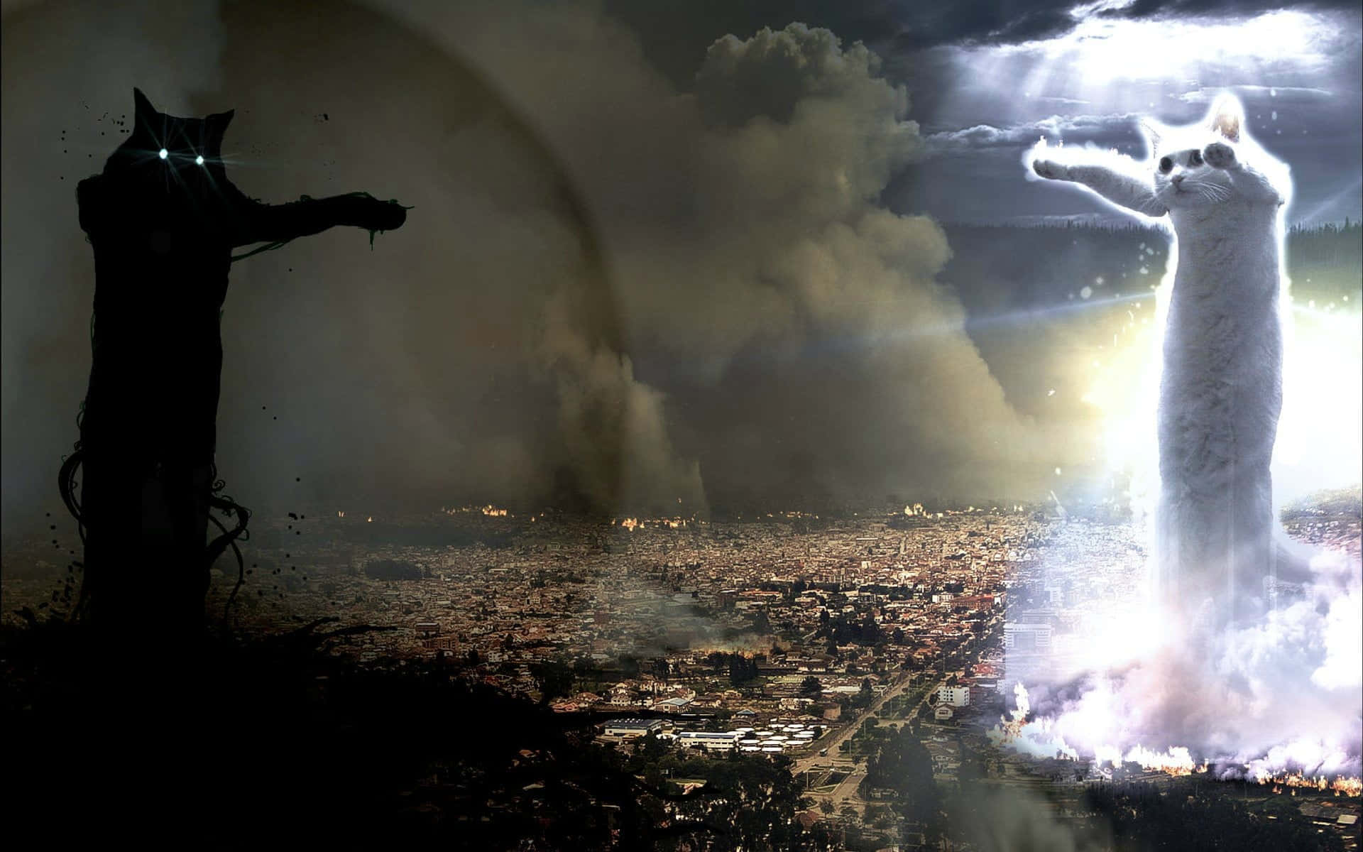 兩隻巨貓——一隻黑色一隻發光——站在城市的兩側，背景是暴風雨的天空。