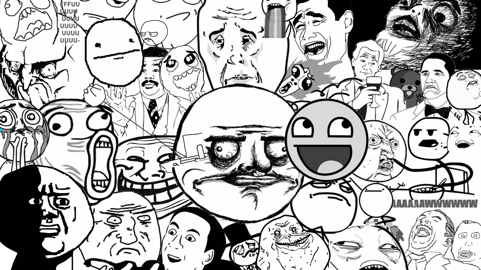 黑白迷因臉部 壁紙 — 一個混亂的黑白拼貼畫，包含誇張的網絡迷因和卡通面孔，表情扭曲。