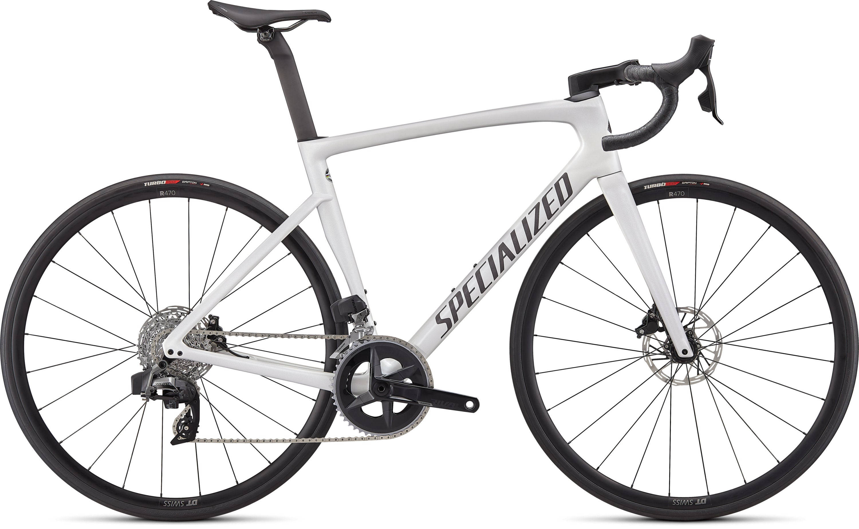 黑白配色Specialized自行車 壁紙 — 在工作室燈光下展示的白色Specialized公路單車，配備黑色零件和碟煞。