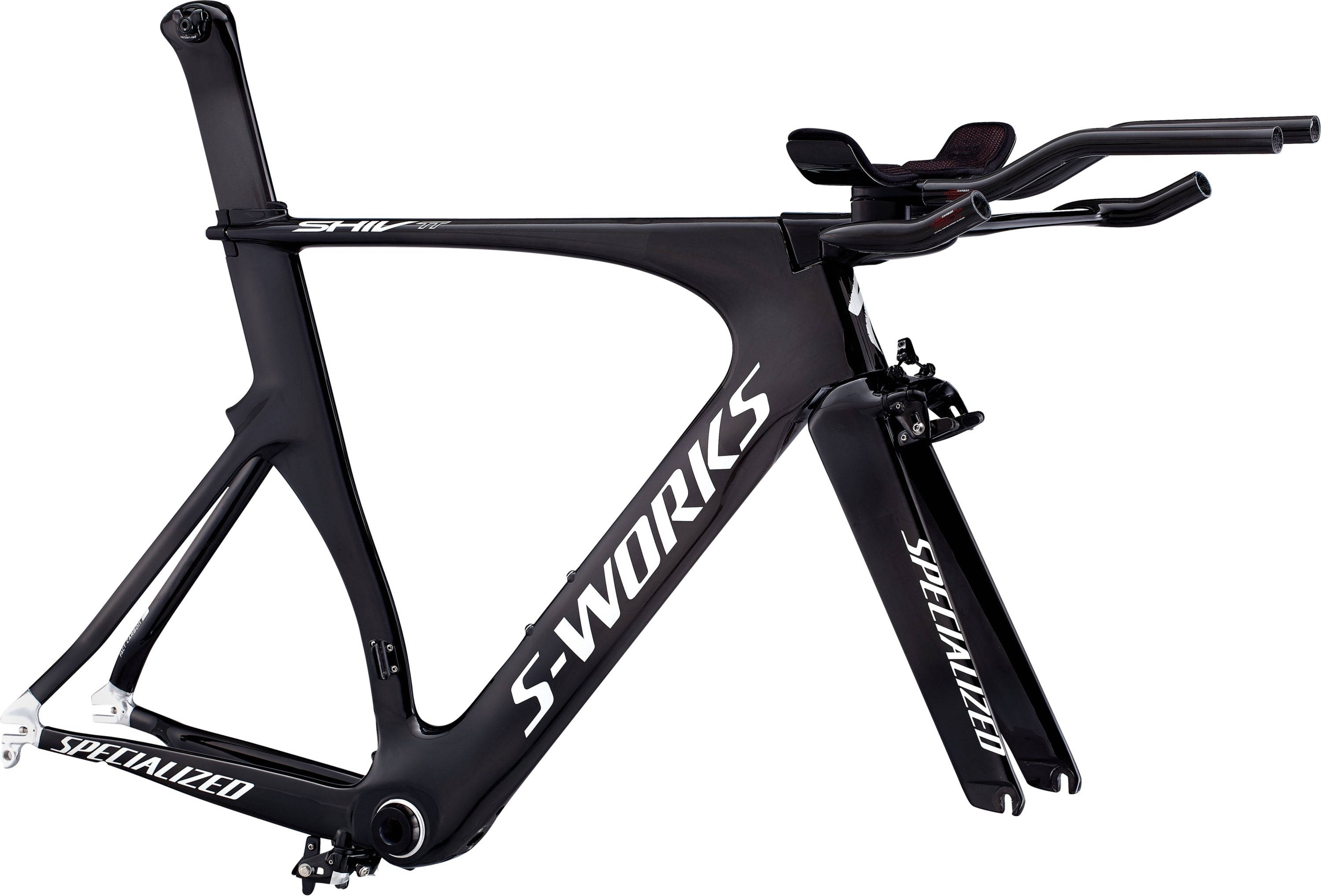 黑白配色專屬自行車車架 壁紙 — 一架時尚黑色Specialized S-Works Shiv計時賽單車，配備空氣動力學車架及一體式把手，背景為白色。