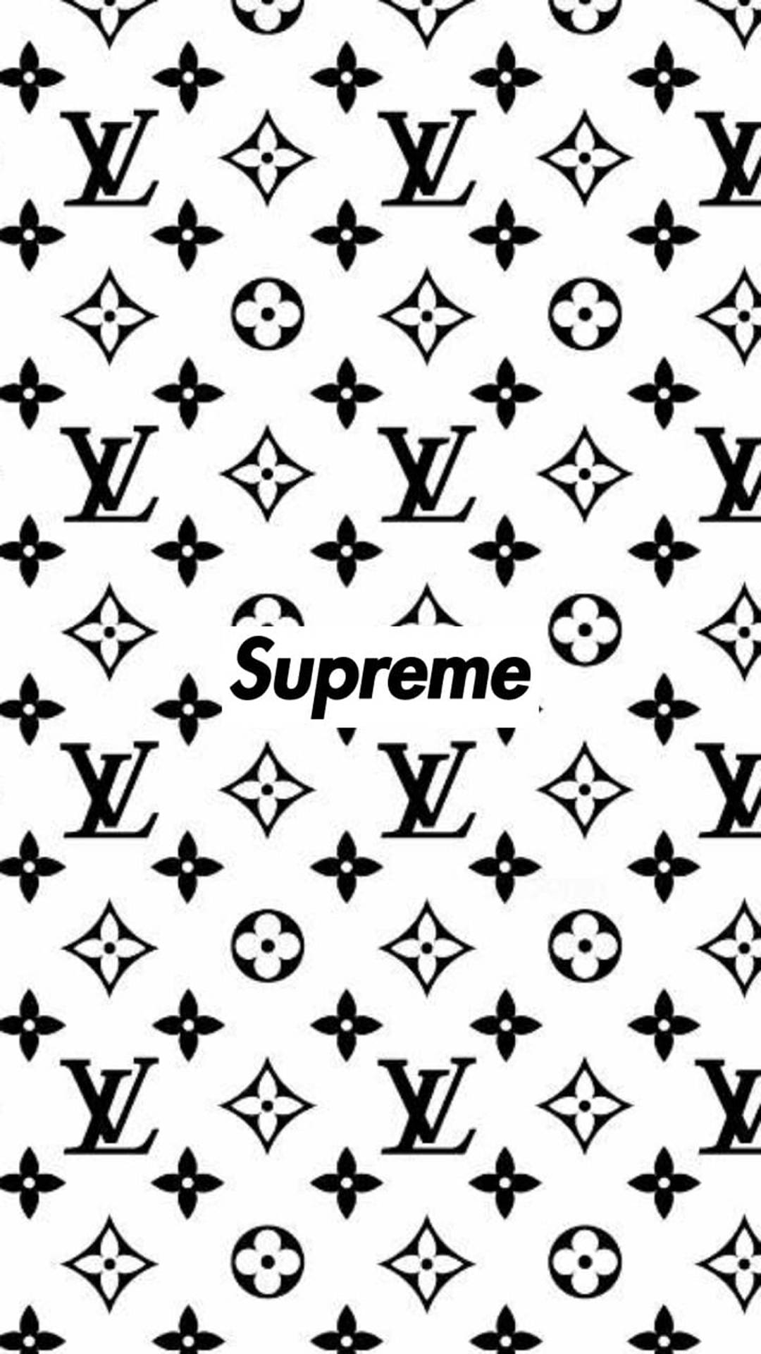 路易威登 桌布 壁紙 — 黑白重複路易威登字母圖案，中央疊加Supreme標誌。
