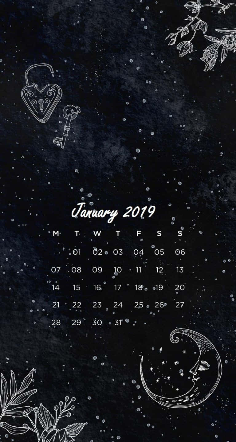 黑白門的極簡圖像 壁紙 — 深色紋理牆紙，上面有2019年1月的日曆，周圍環繞著白色線條藝術的心形鎖匙月亮和花卉枝條，背景是星空夜空。