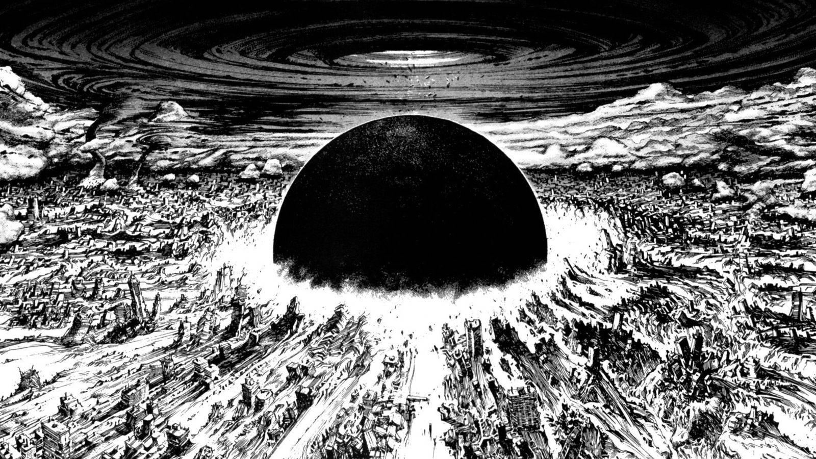 一個黑洞在旋轉的宇宙天空下主宰著廢墟般的城市景觀。