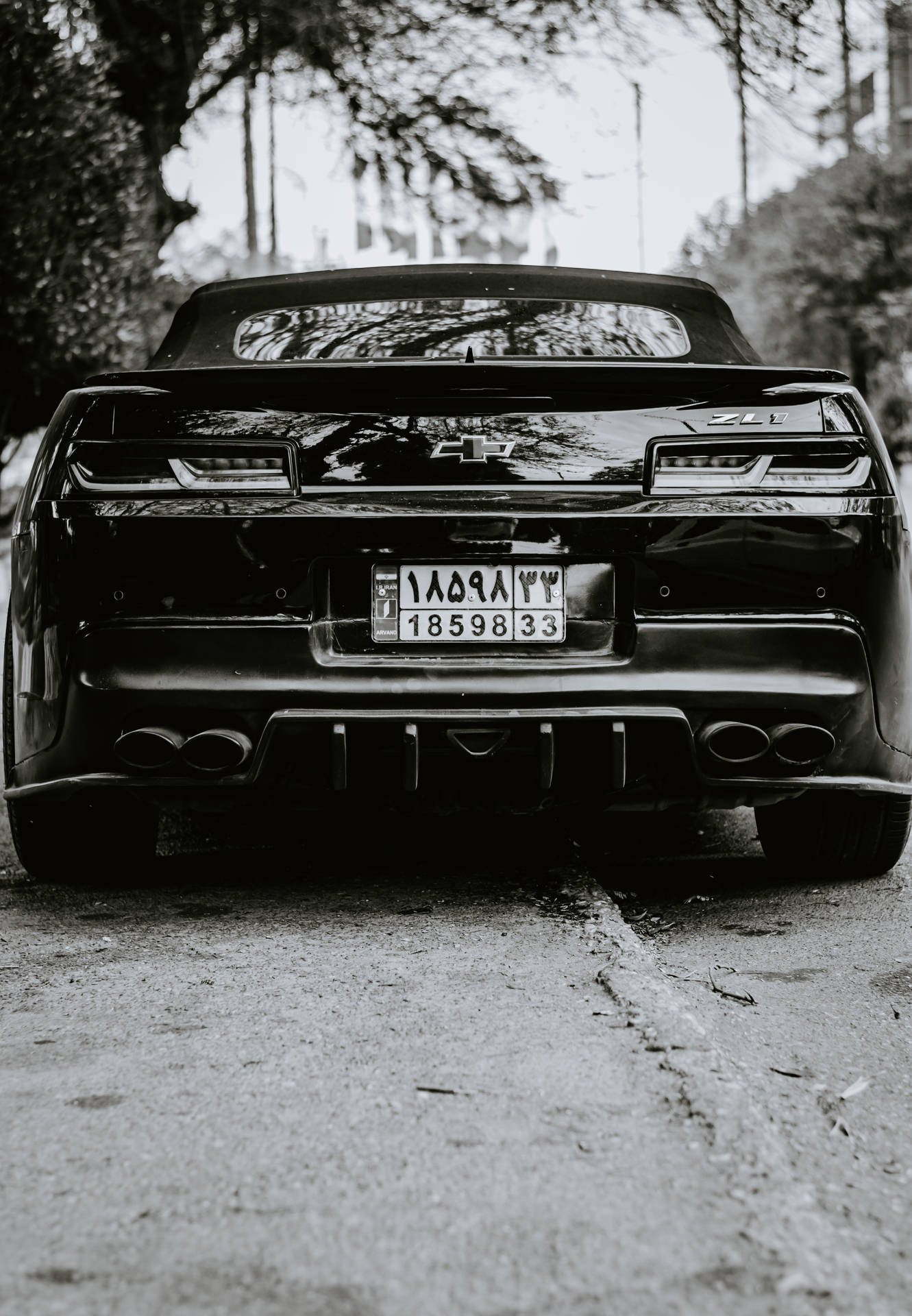 黑色雪佛蘭Camaro ZL1開篷車停在裂開的瀝青路上，後面有樹木。